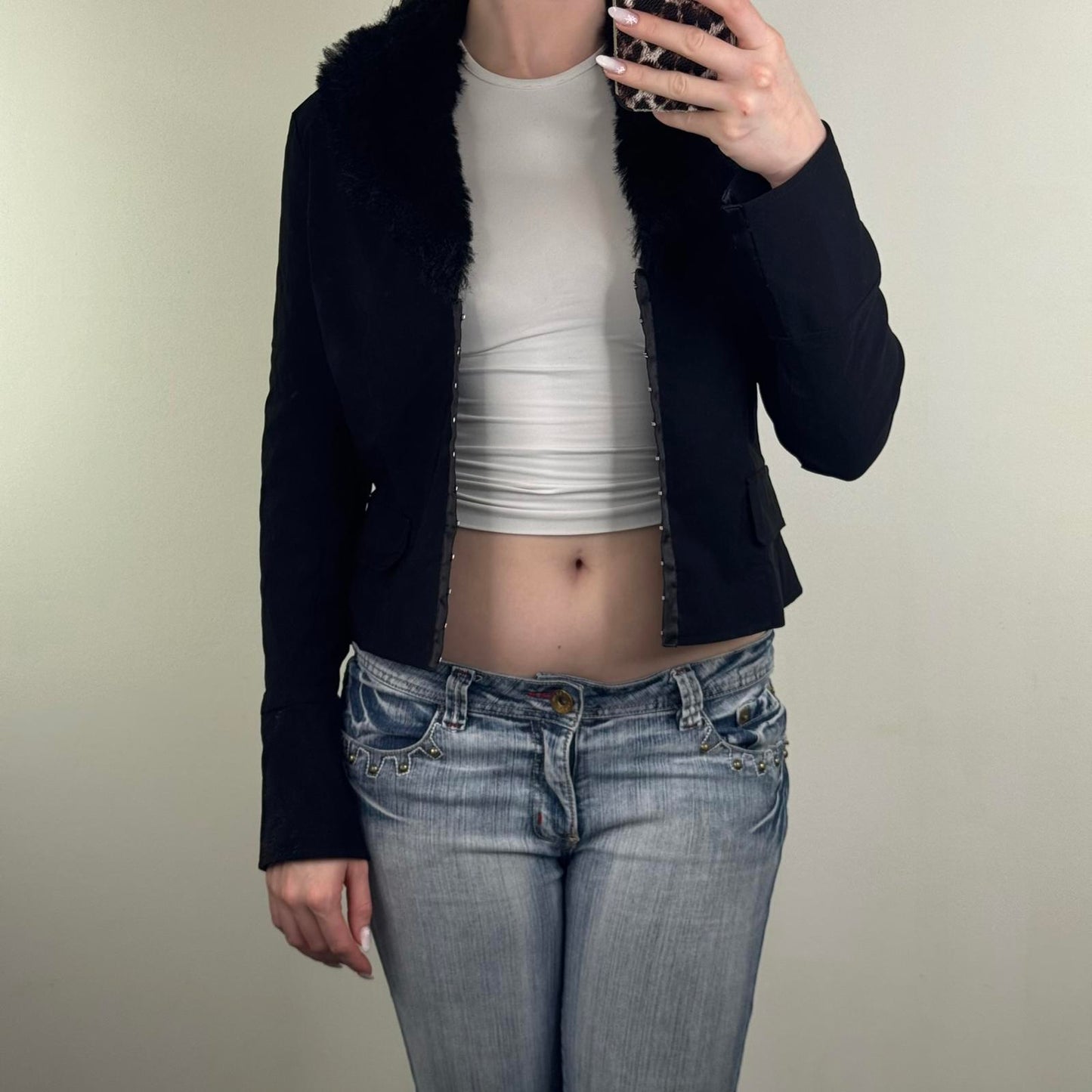 Y2K vintage Etam fitted blazer faux fur trim collar hook and eye stretchy fitted