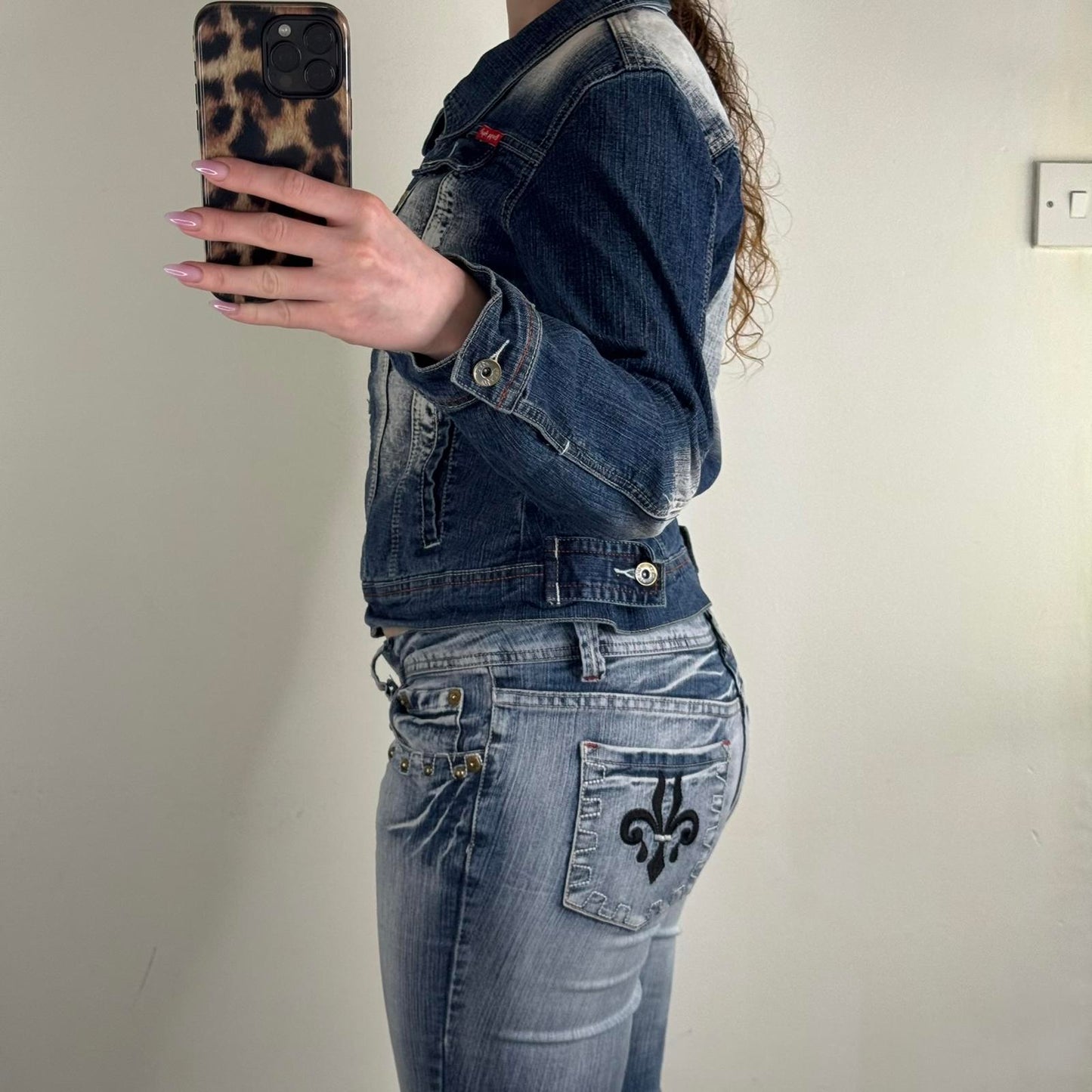 Y2K vintage Crazy Age denim jacket button up panther embroidery stretchy