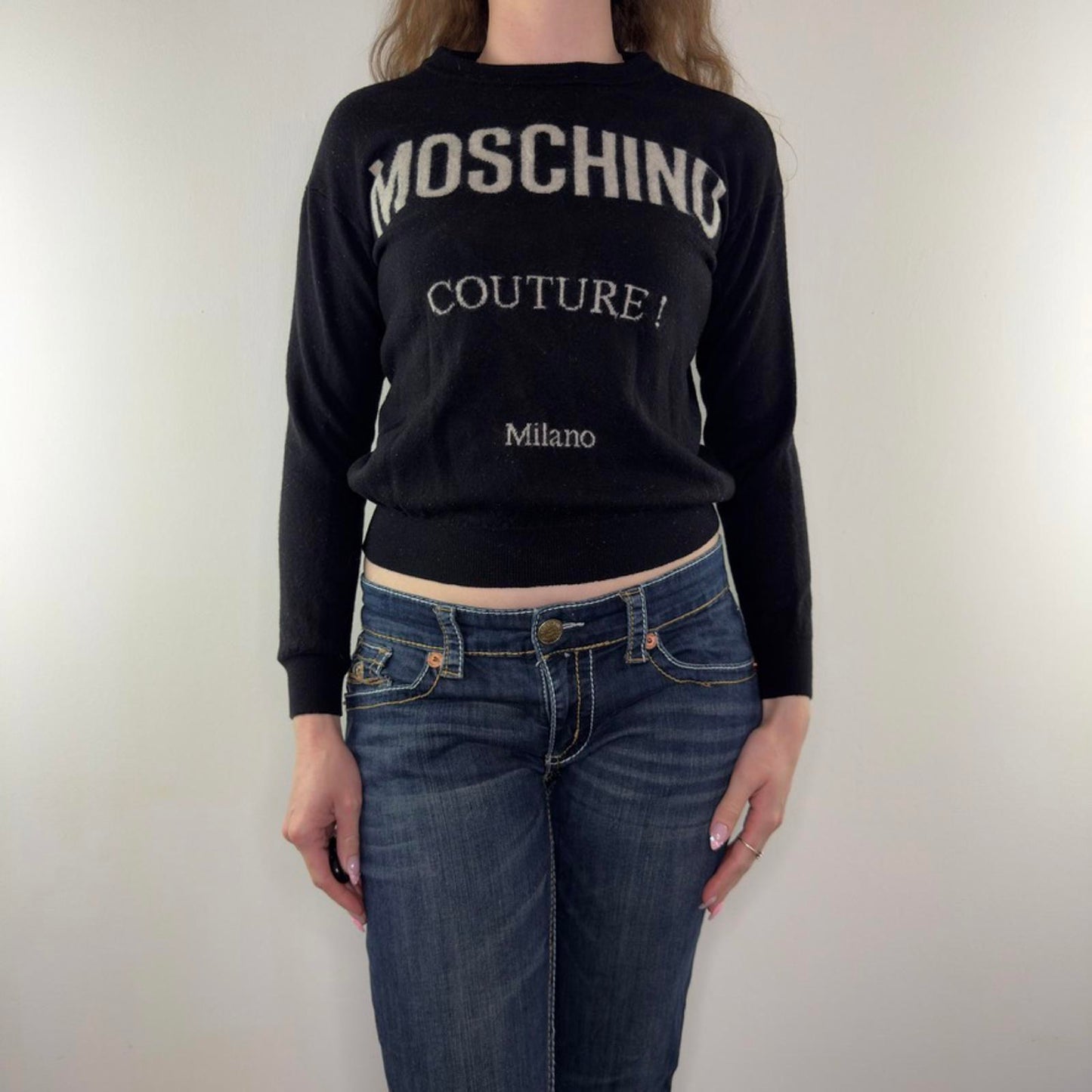 Moschino Couture! 100% wool jumper cropped graphic knitted knit sweater