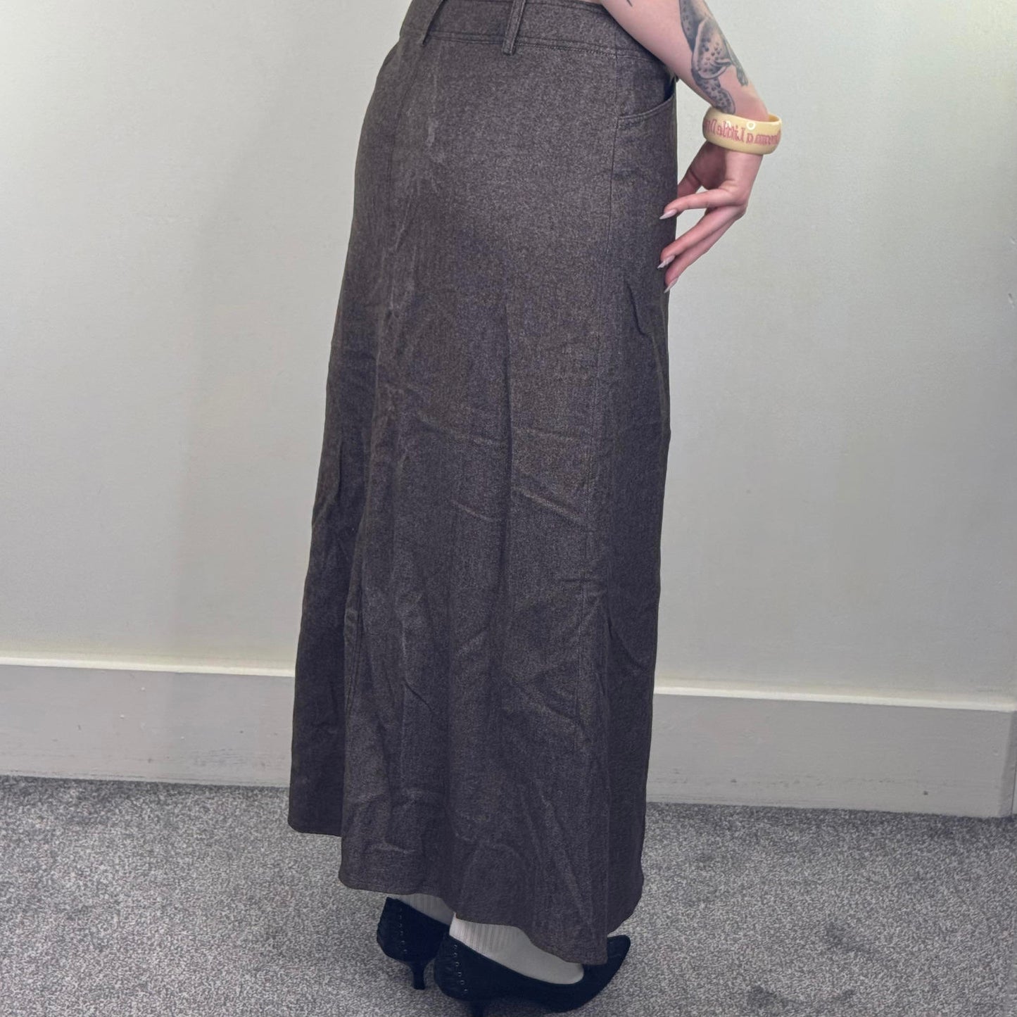 Y2K vintage Monsoon wool blend a line maxi skirt brown tweed pockets mid rise