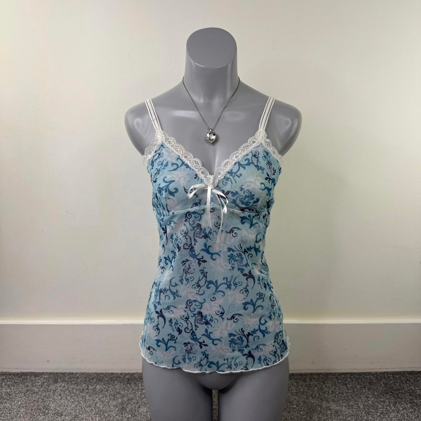 Y2K vintage mesh cami top lace trim filigree pattern bow sheer blue white fitted