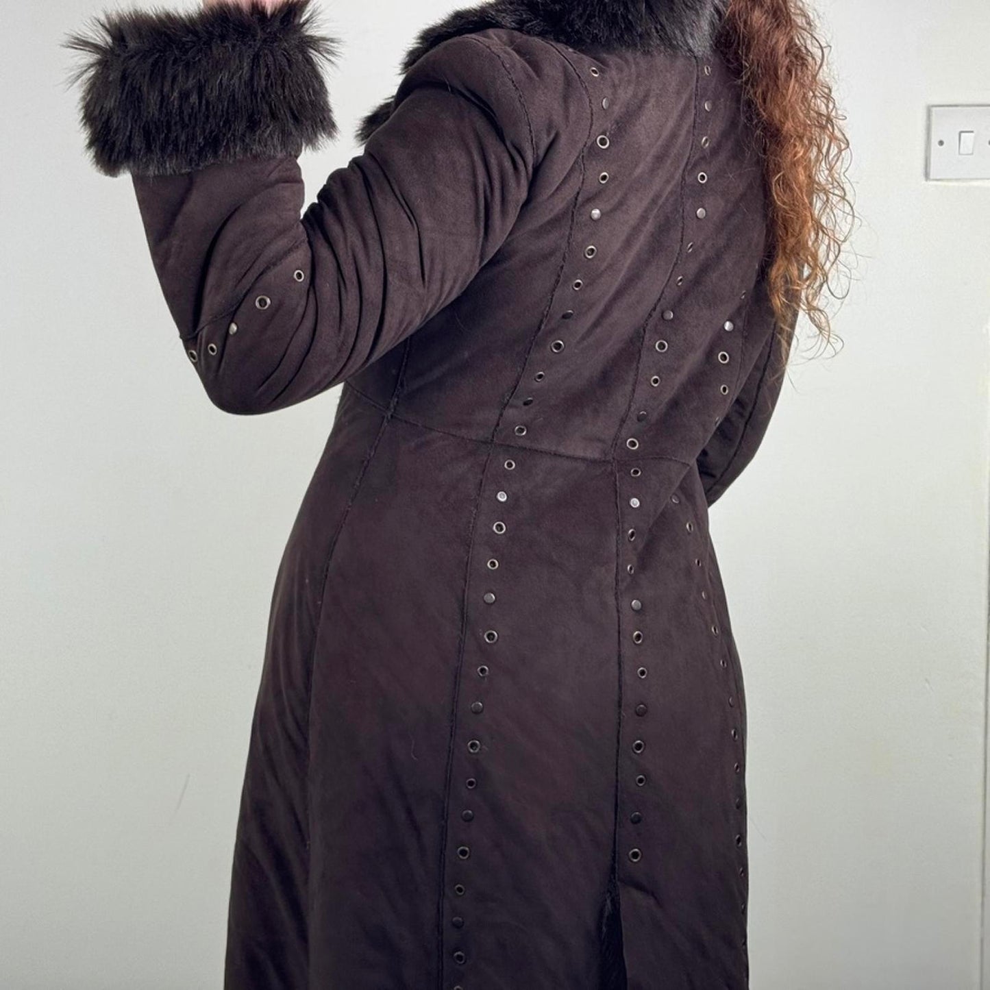 Y2K vintage faux fur coat long trench afghan full length studded grommet brown