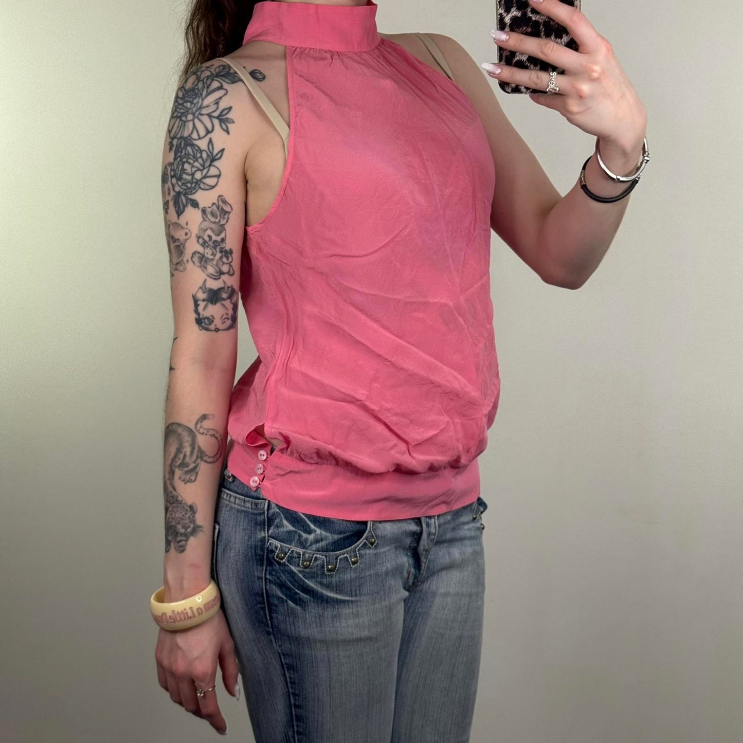 Y2K vintage 100% silk choker blouse sleeveless high neck pink buttons keyhole