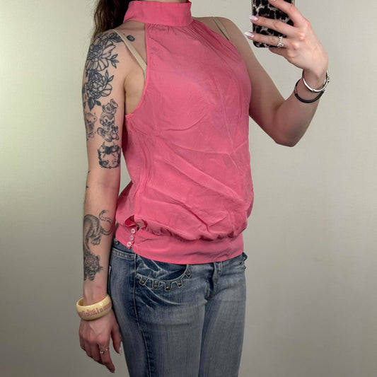 Y2K vintage 100% silk choker blouse sleeveless high neck pink buttons keyhole
