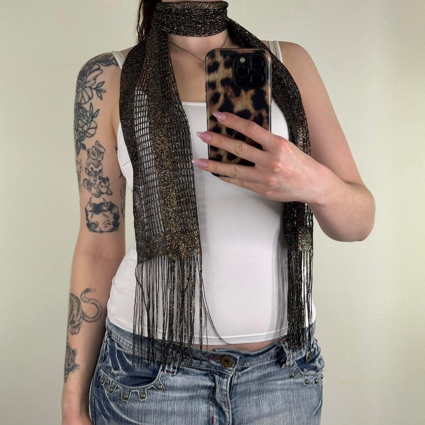 Y2K vintage mesh glitter scarf fringe black gold sparkly sheer lightweight