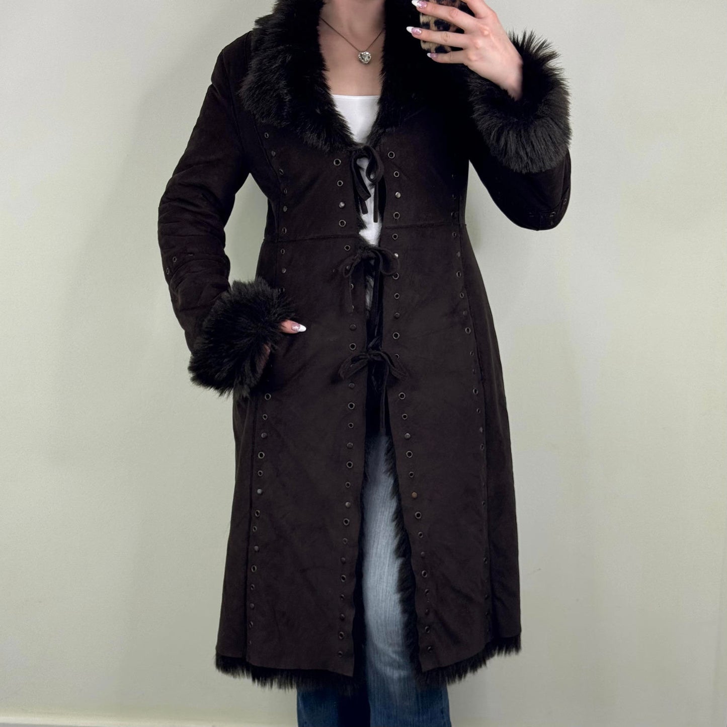 Y2K vintage faux fur coat long trench afghan full length studded grommet brown