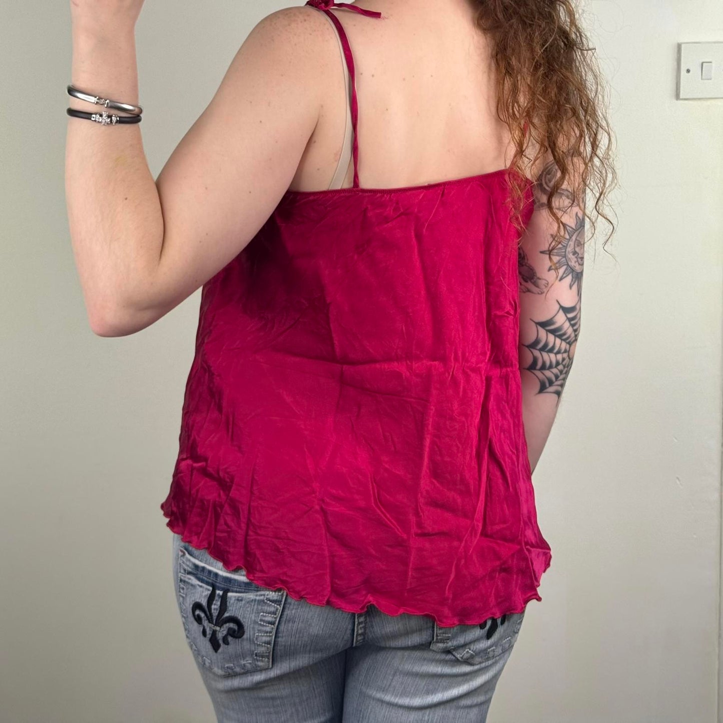 Myla 95% silk cami top adjustable bows flowy babydoll straight neckline red