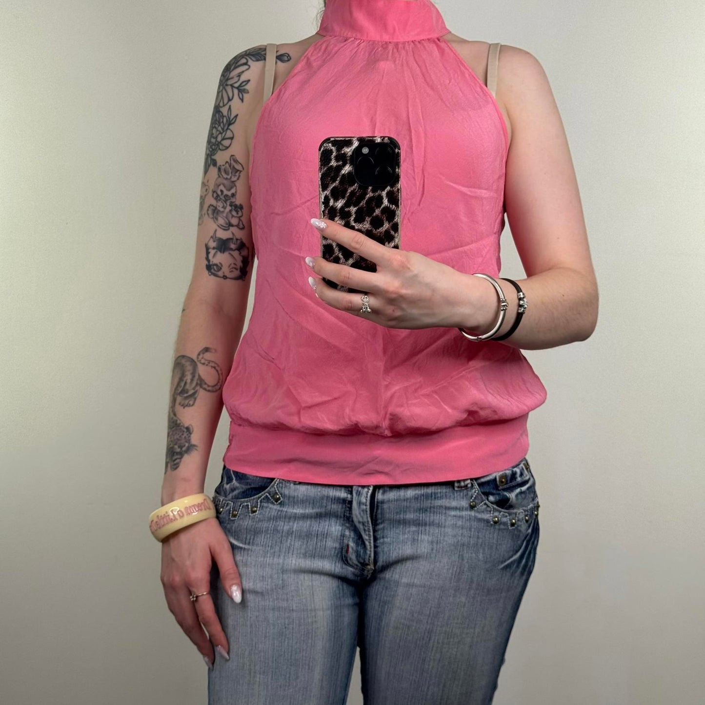Y2K vintage 100% silk choker blouse sleeveless high neck pink buttons keyhole
