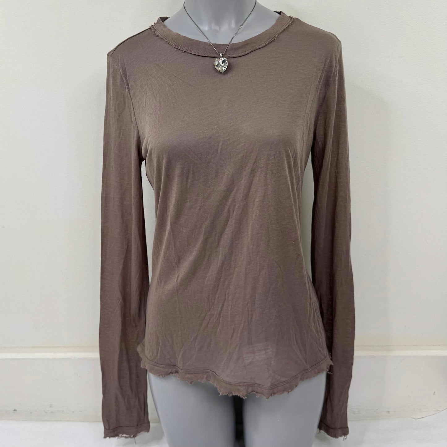 ME+EM sheer long sleeve top fraying hem light brown layering basic