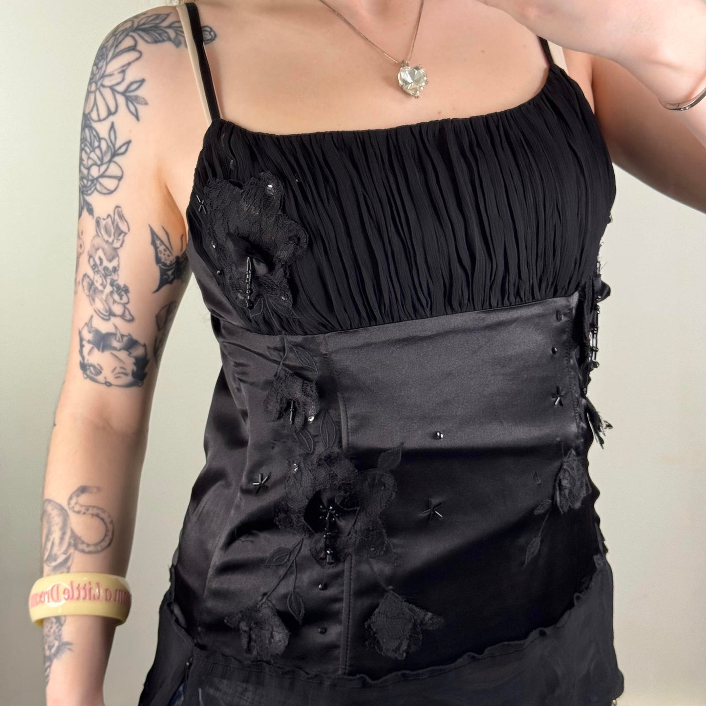 Y2K vintage boned embellished top ruched bust lace floral beaded sequin coquette