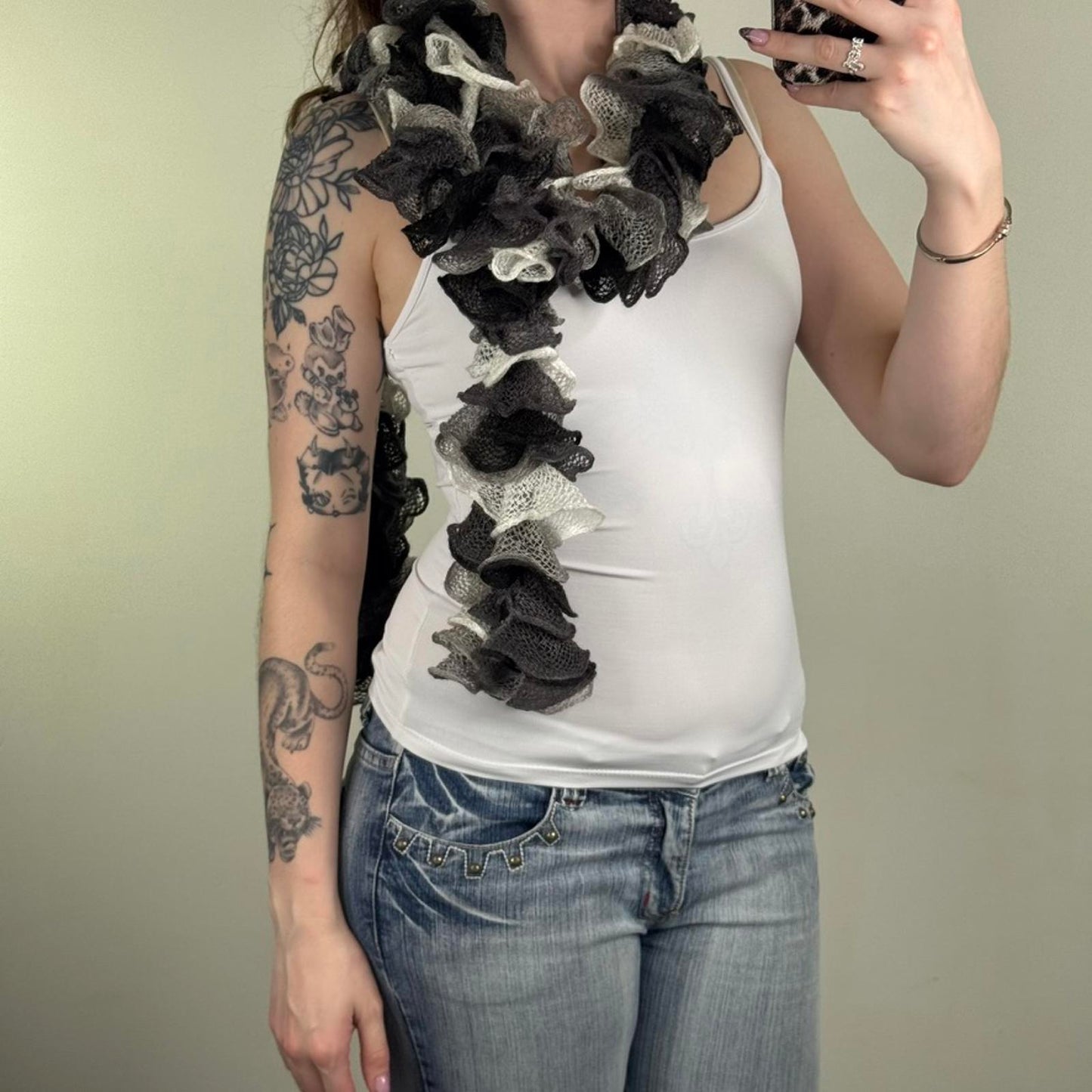 Y2K vintage knitted ruffle scarf monochrome black grey white layered