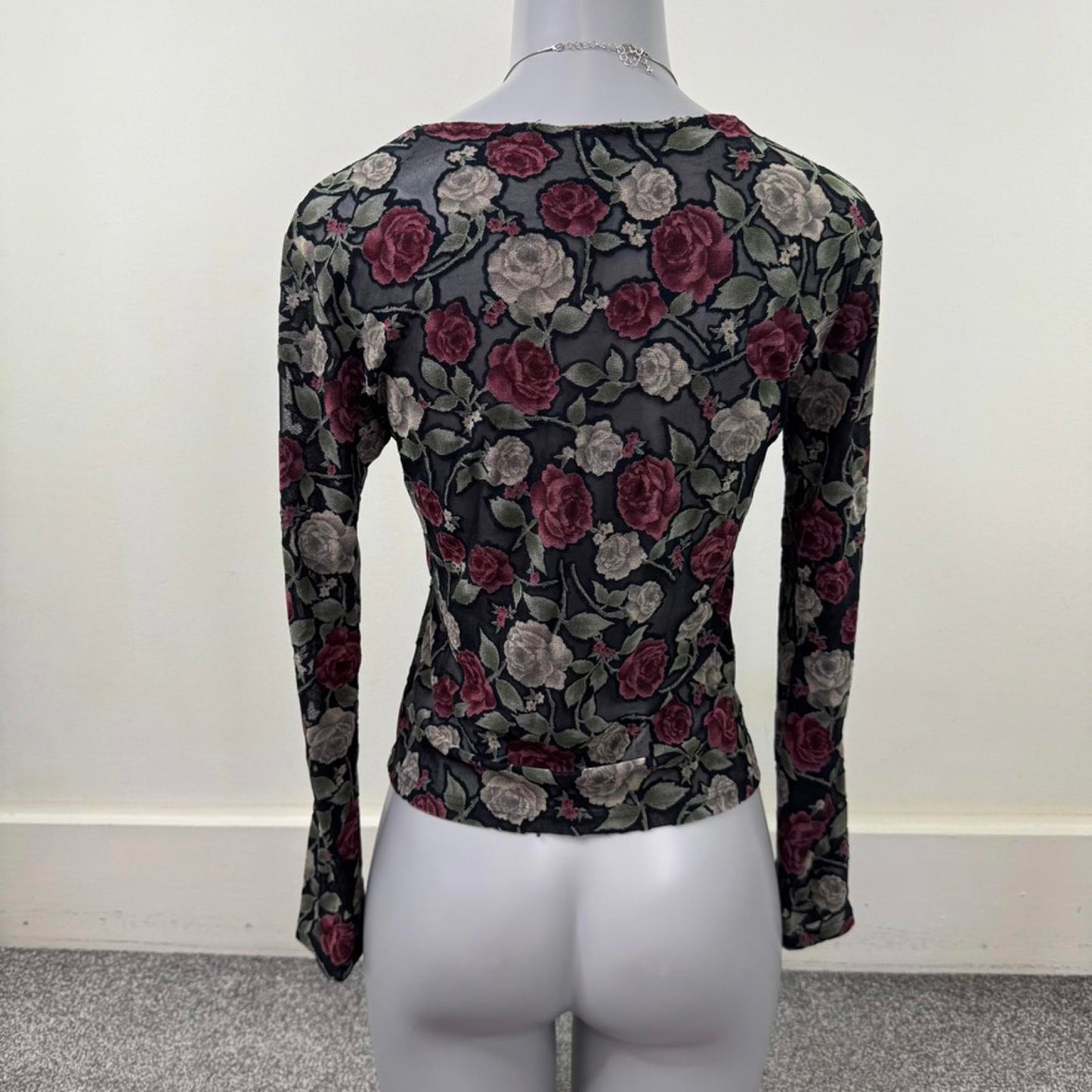 Y2K vintage mesh long sleeve top floral rose pattern sheer stretchy whimsigoth