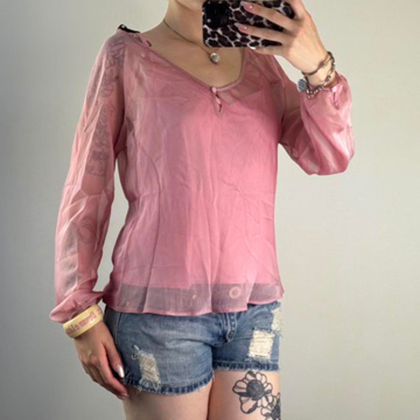 Y2K vintage sheer blouse long sleeve pink keyhole with cami v neck