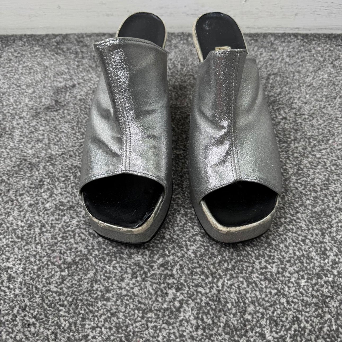 Y2K vintage Metro chunky platform heels silver metallic peep toe mules