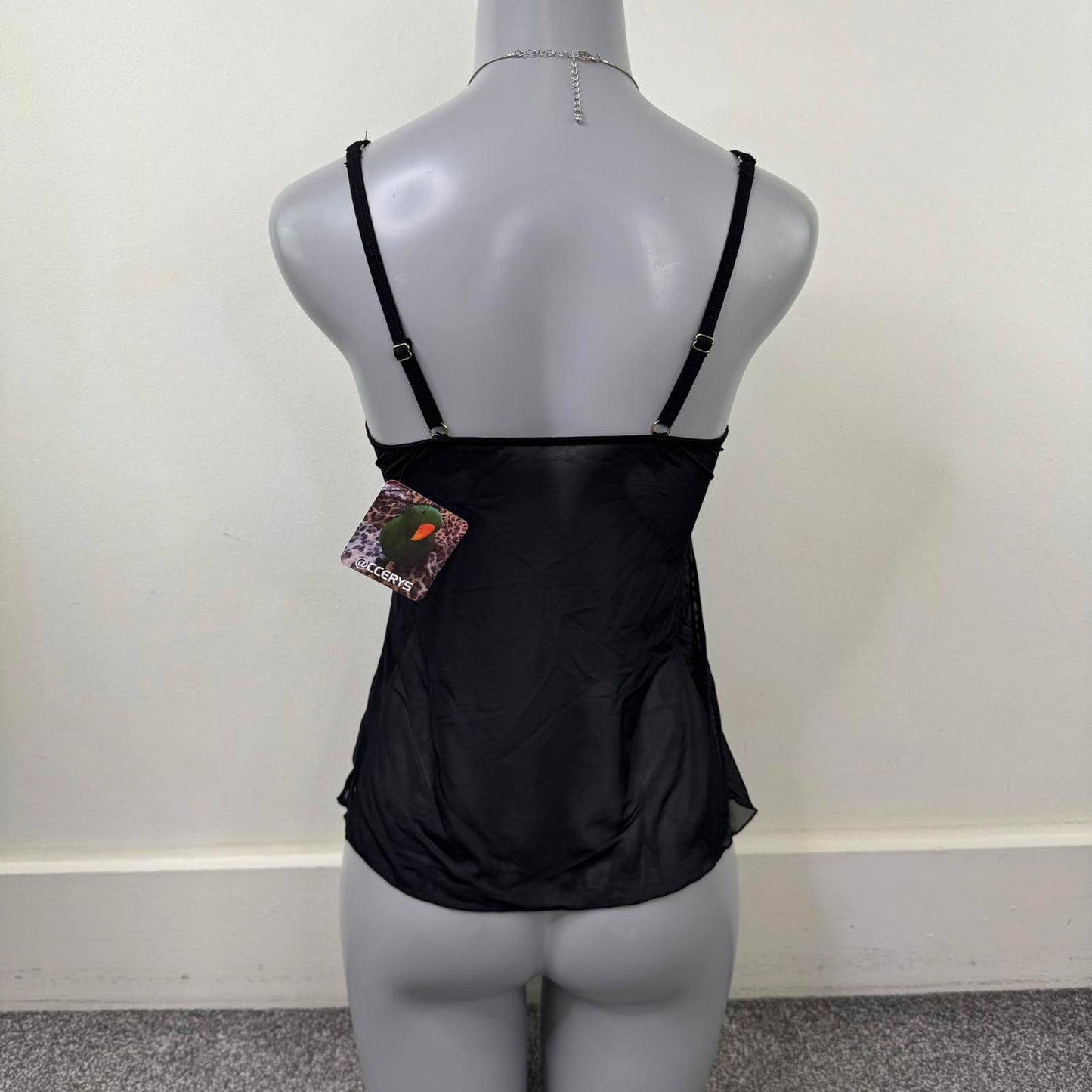 Y2K vintage cami top mesh lace trim sheer strappy keyhole charm