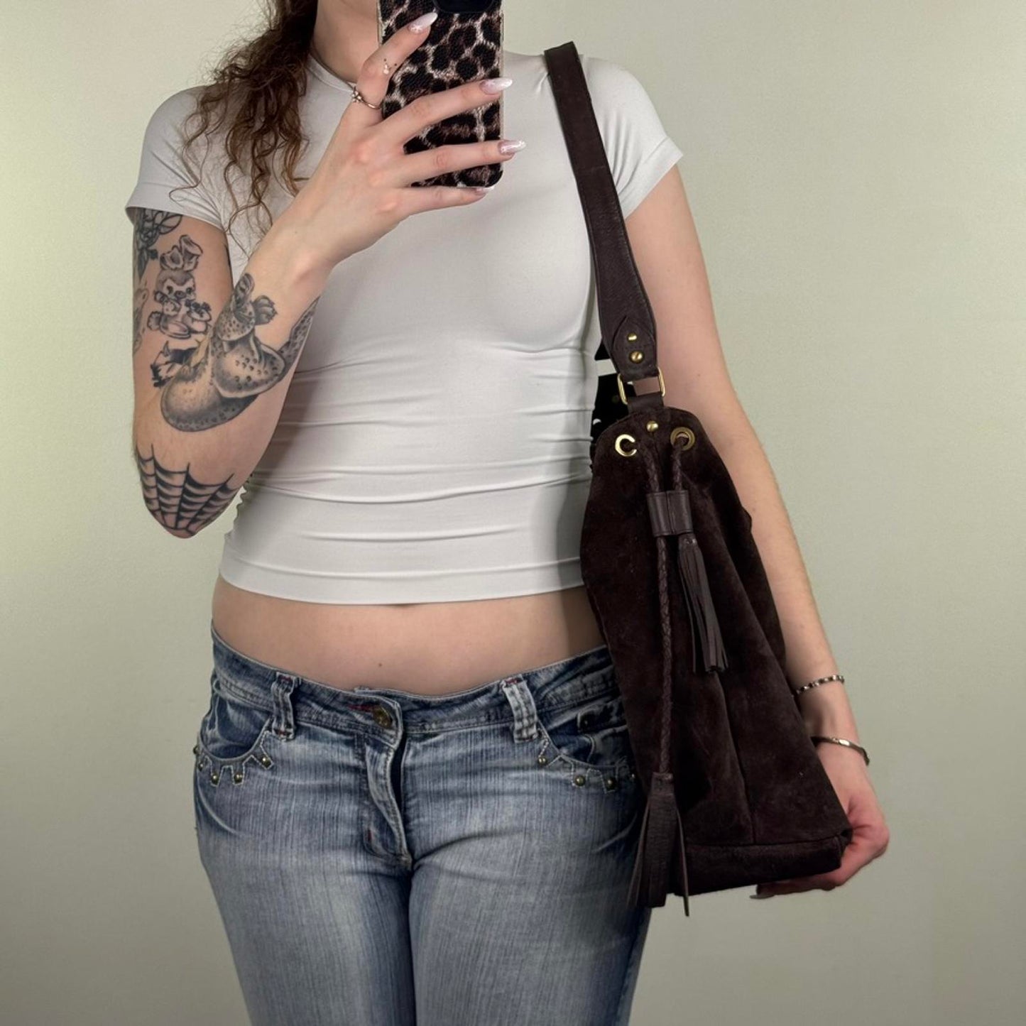 Y2K vintage genuine suede shoulder bag slouchy fringe