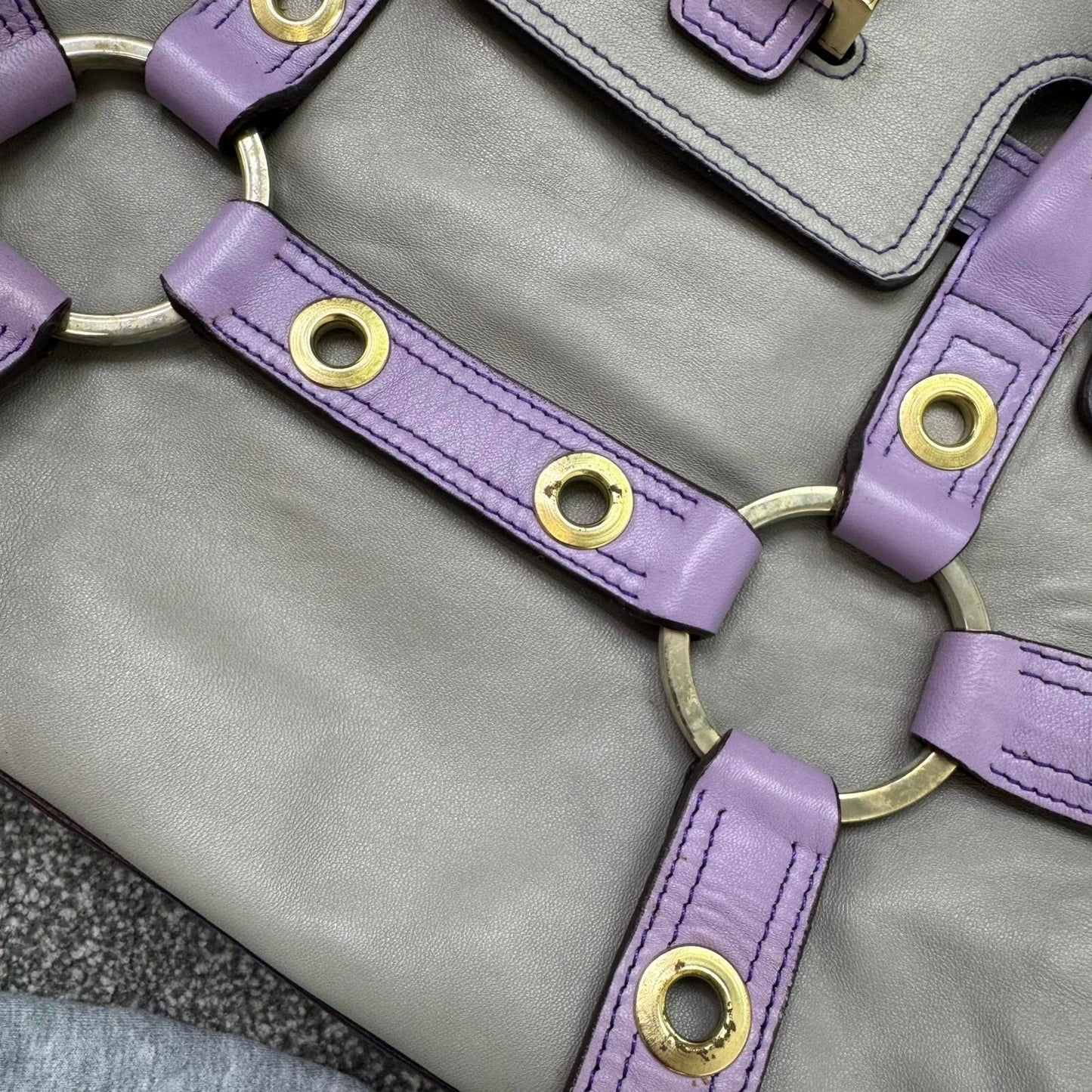Luella Gisele large handbag grey purple genuine leather two tone grommet hearts
