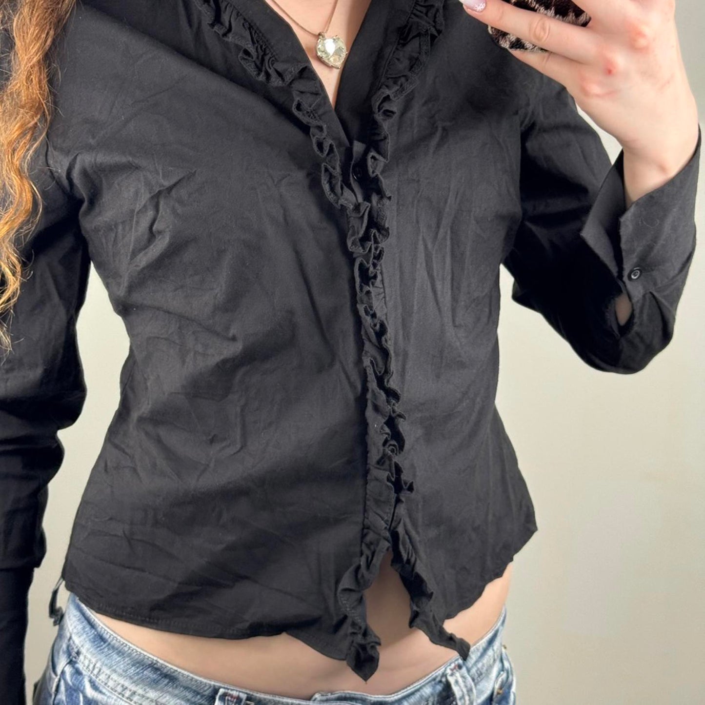 Y2K vintage Oasis button up long sleeve blouse shirt ruffle v neck stretchy