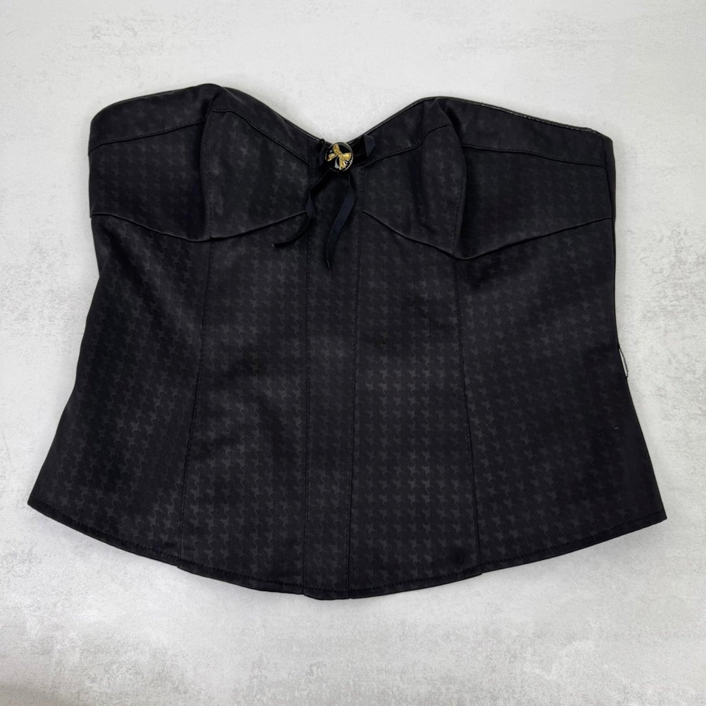 Y2K vintage houndstooth bustier top bow strapless fitted black gold