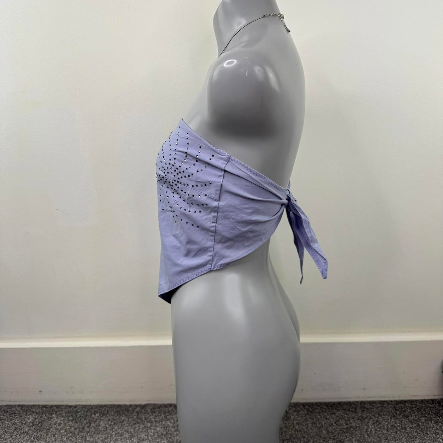 Y2K vintage strapless top handkerchief rhinestone v hem festival lilac stretchy