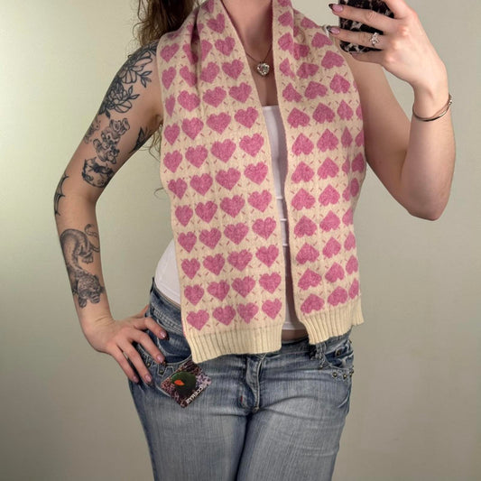 Y2K vintage heart scarf angora wool blend cream pink sparkly knitted
