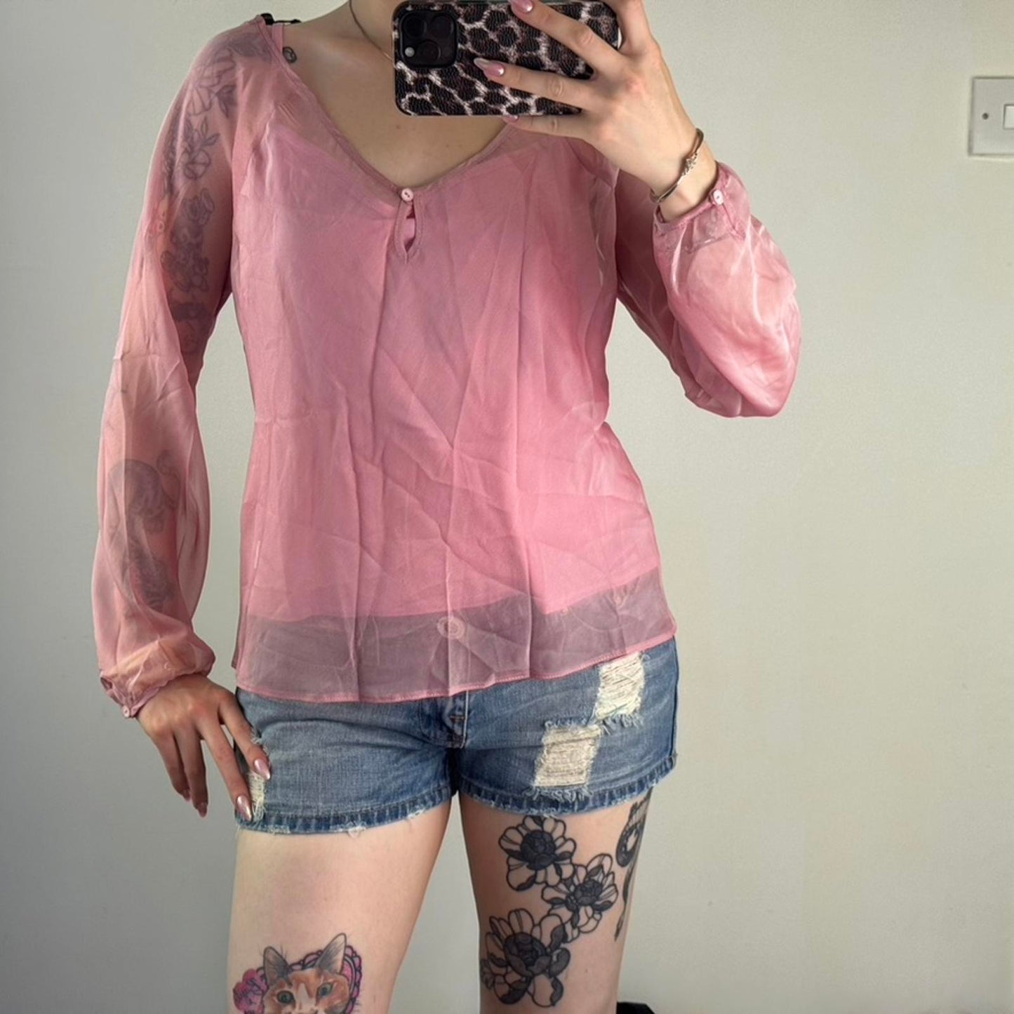 Y2K vintage sheer blouse long sleeve pink keyhole with cami v neck