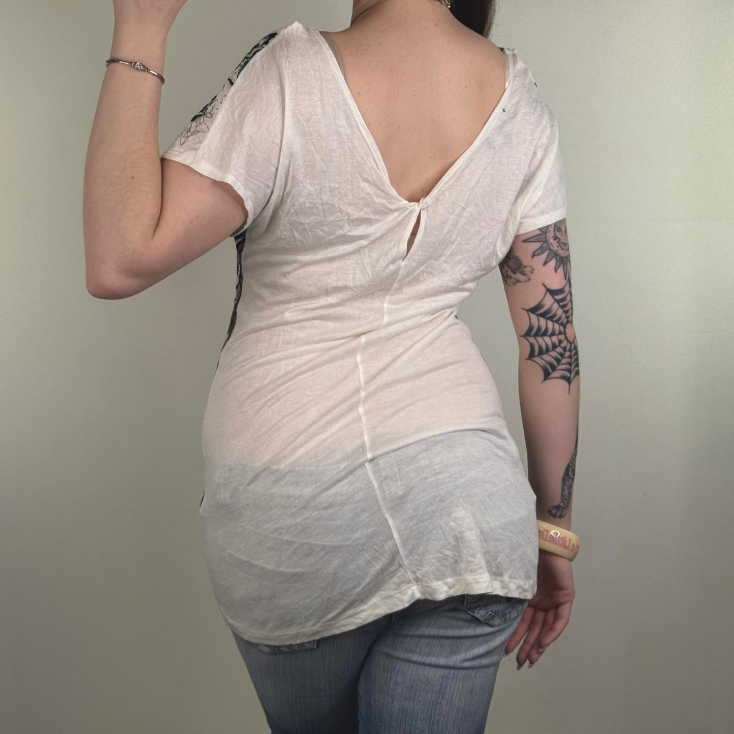 Y2K vintage butterfly slouchy t-shirt short sleeve top deep open v back graphic