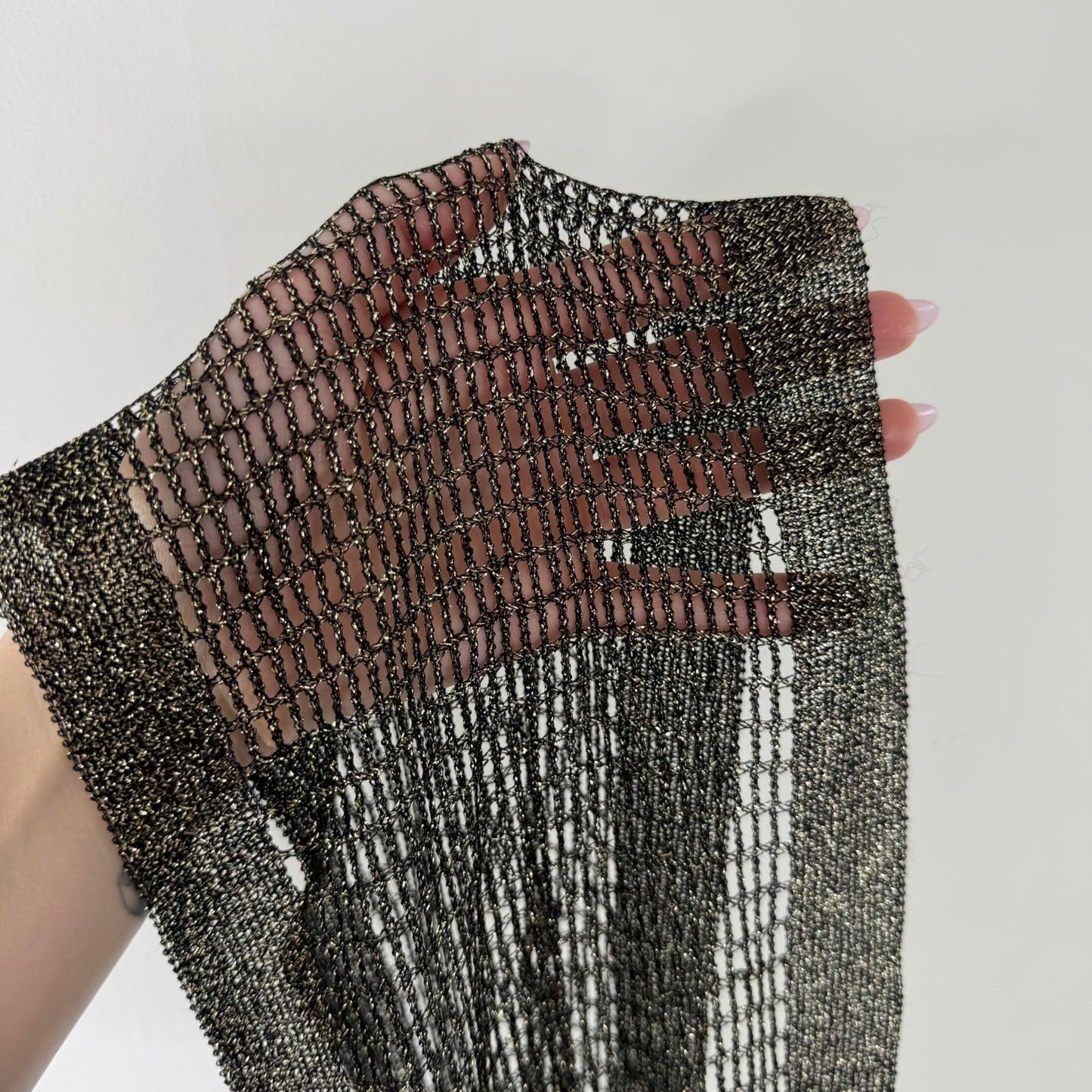 Y2K vintage mesh glitter scarf fringe black gold sparkly sheer lightweight