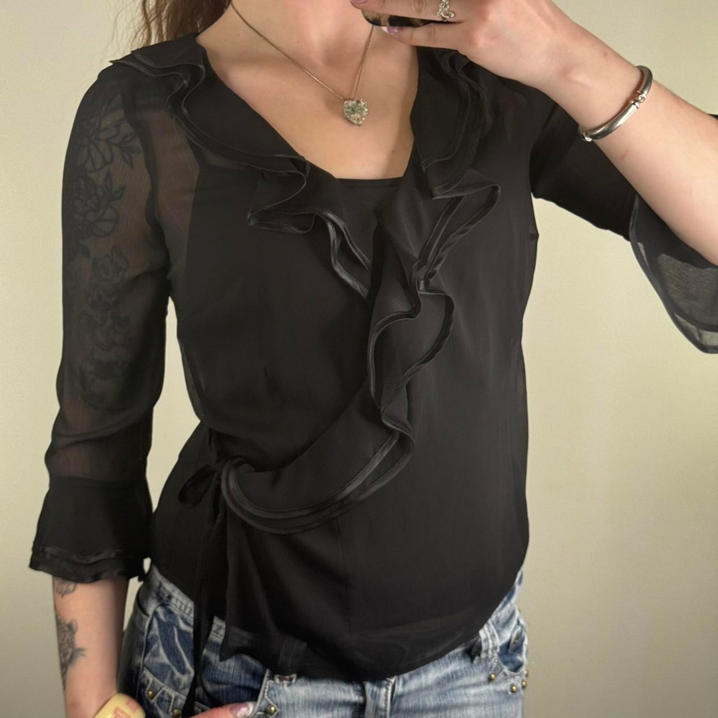 Y2K vintage blouse 3/4 sleeve sheer wrap ruffle with cami top v neck bow layered