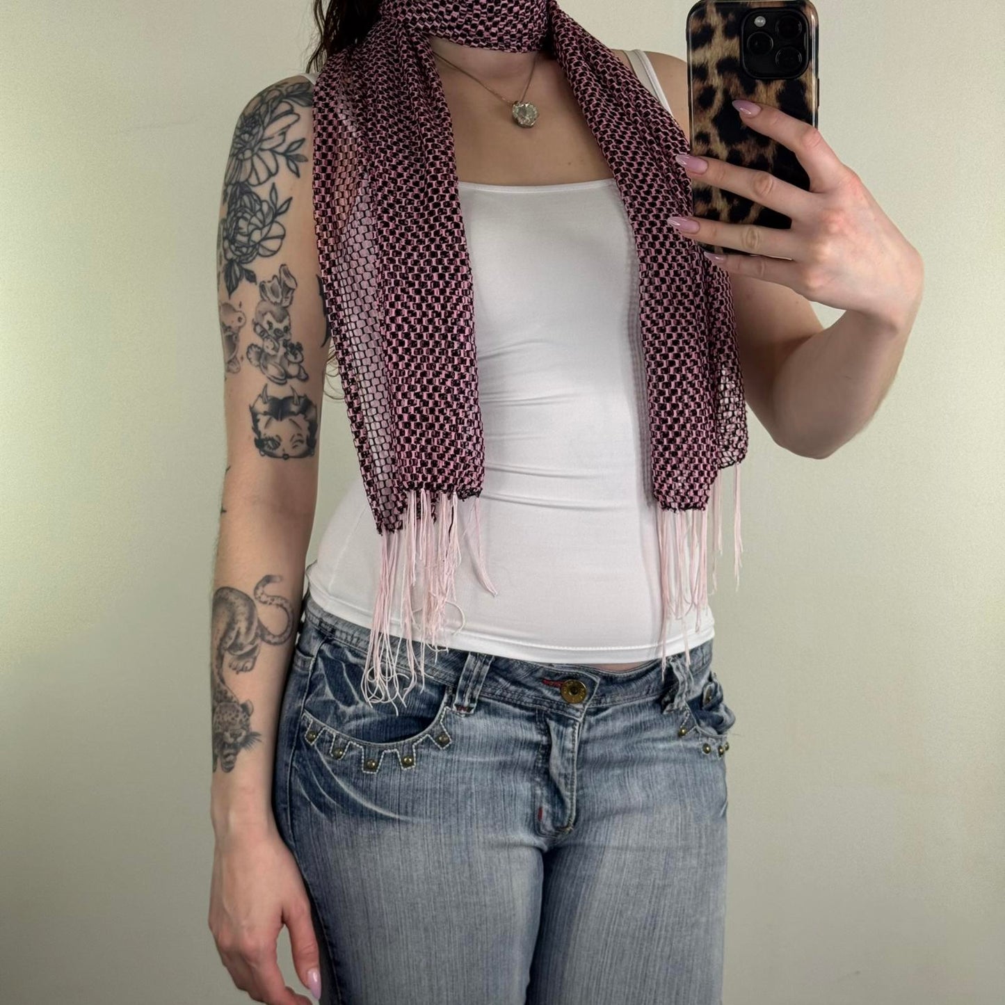 Y2K vintage mesh scarf fringe black pink sheer netted