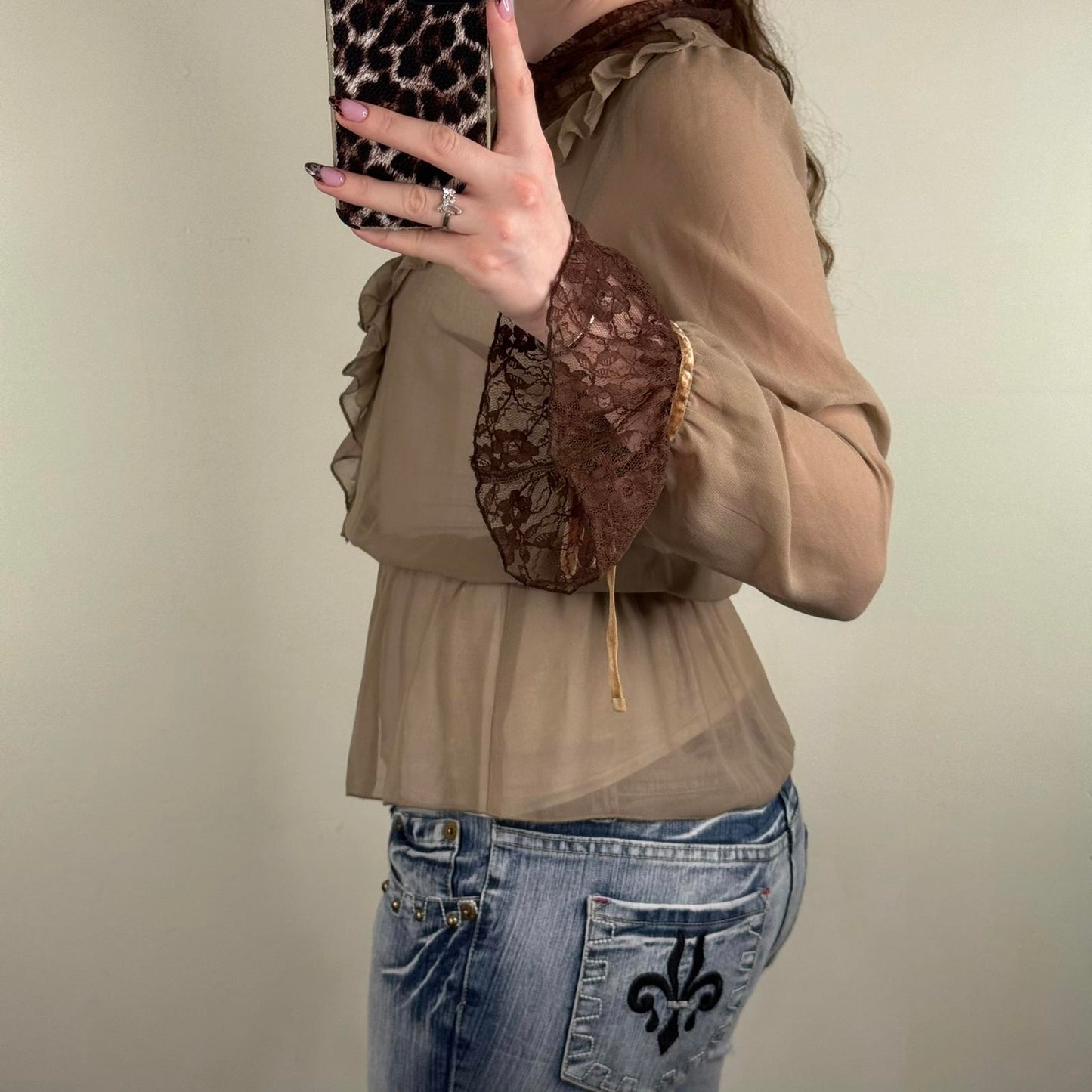 Y2K vintage blouse lace sheer frilly ruffle button up high neck long sleeve bow