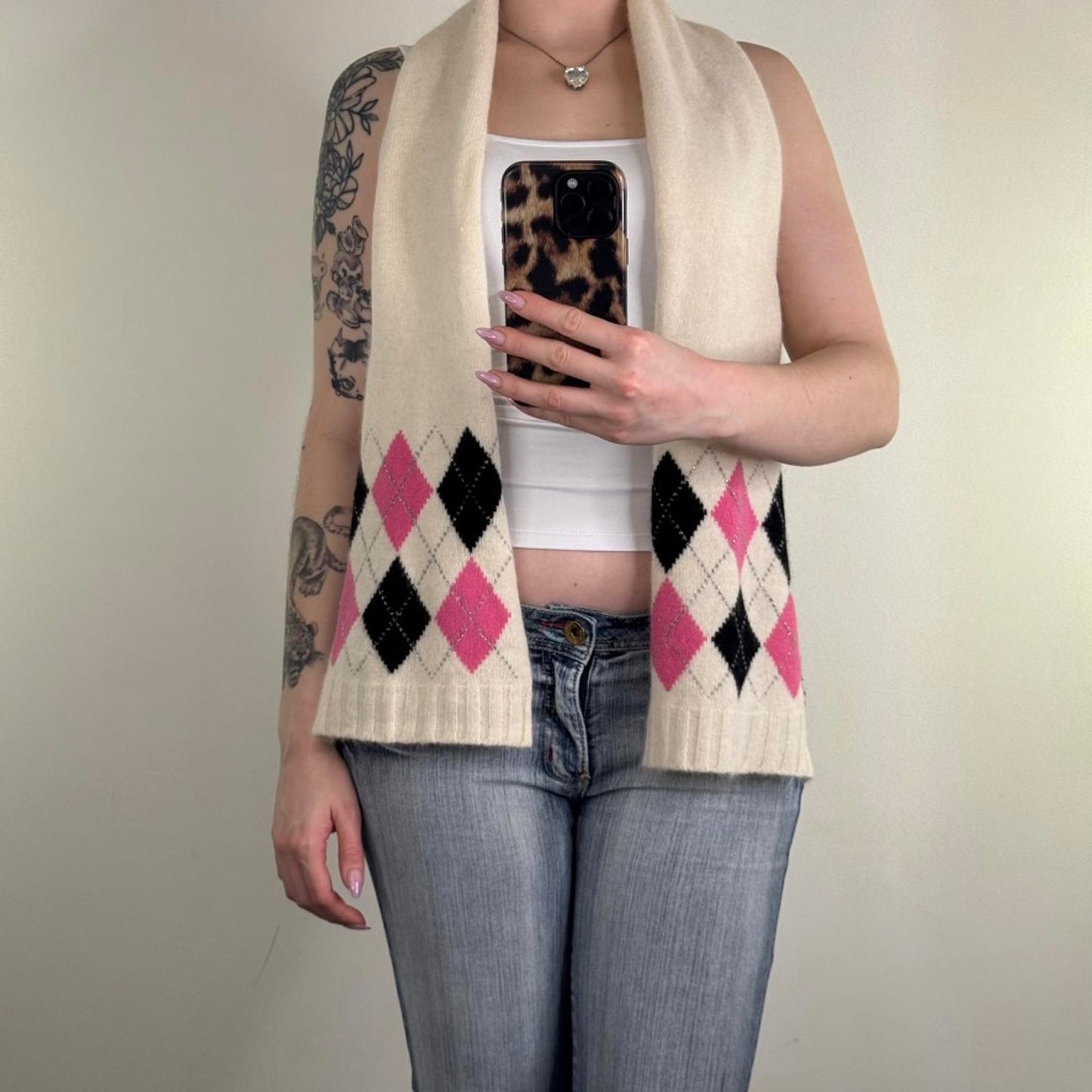 Y2K vintage scarf wool angora blend sparkly argyle print cream black pink