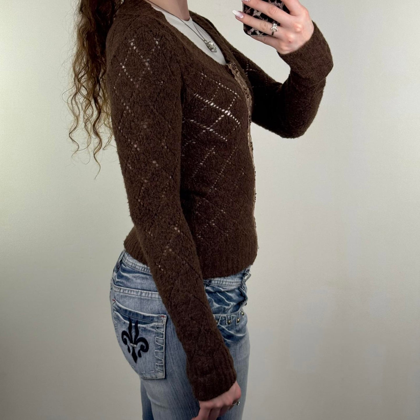 Y2K vintage Per Una knitted jumper lace trim sequin floral round neck sheer