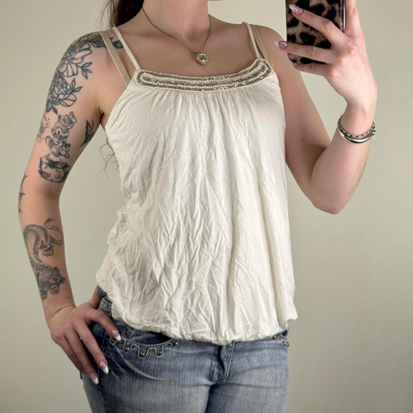 Y2K vintage cami top peplum beaded sequin embellished strappy white summer