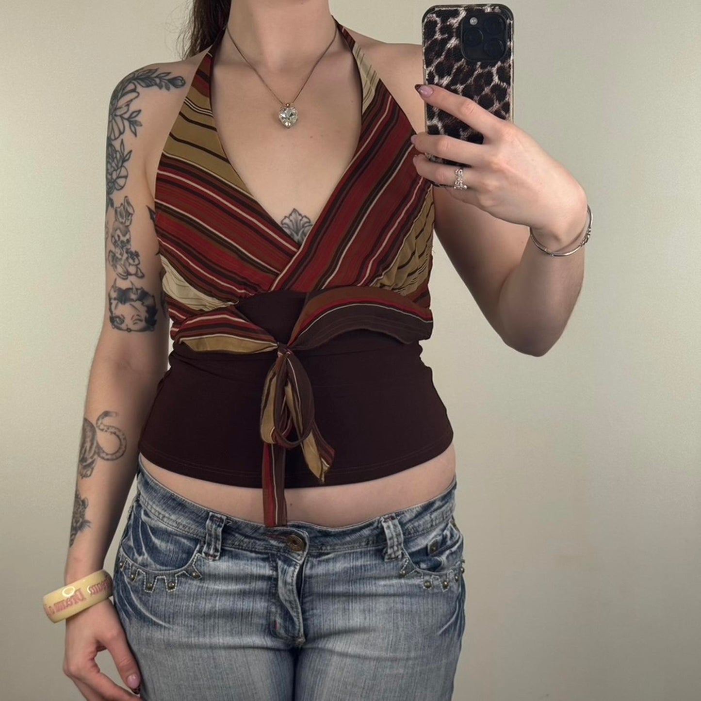 Y2K vintage halter neck top slinky v neck bow stripe low cut stretchy brown