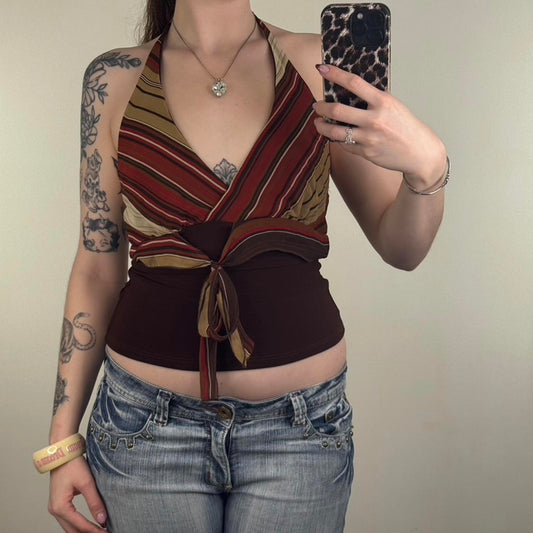 Y2K vintage halter neck top slinky v neck bow stripe low cut stretchy brown