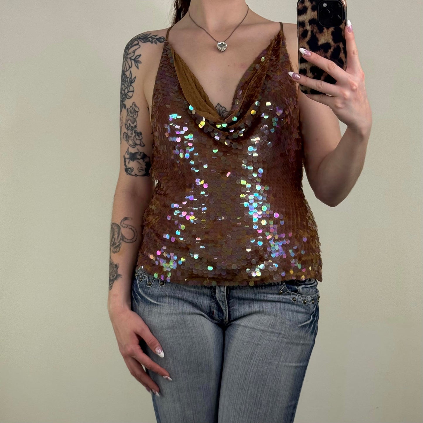 Y2K vintage 100% silk tank top embellished cowl neck party festival strappy