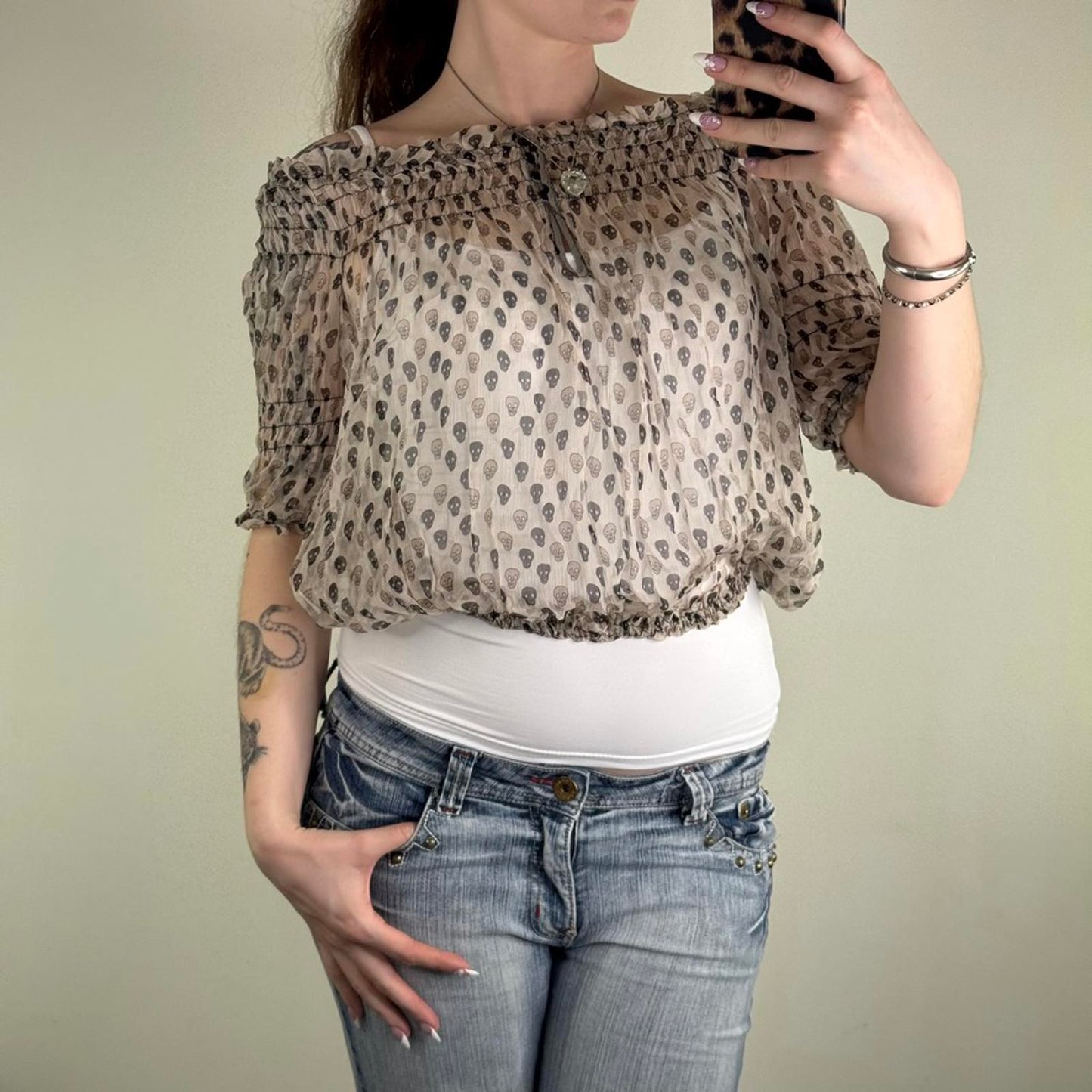 Y2K vintage blouse skull print short sleeve cropped keyhole sheer lightweight