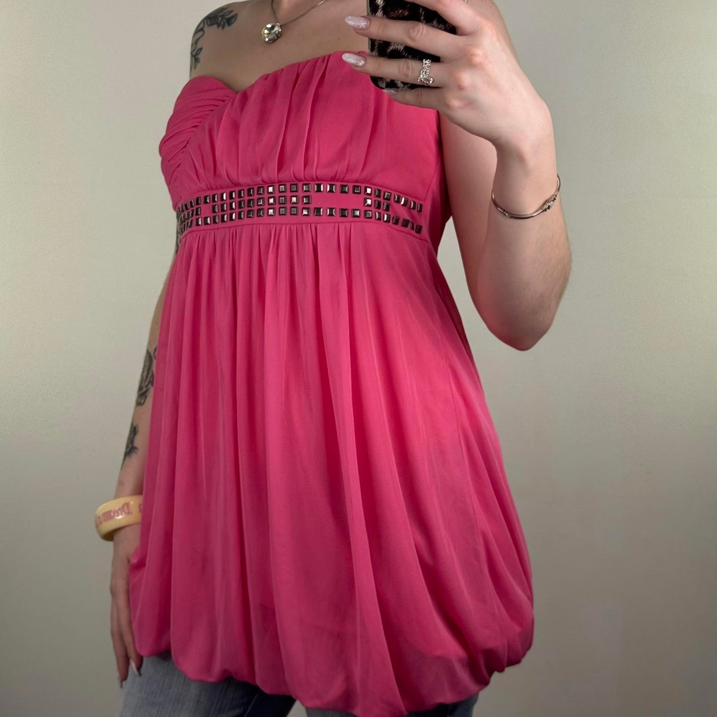 Y2K vintage strapless peplum top studded ruched mesh overlay pink 2010s