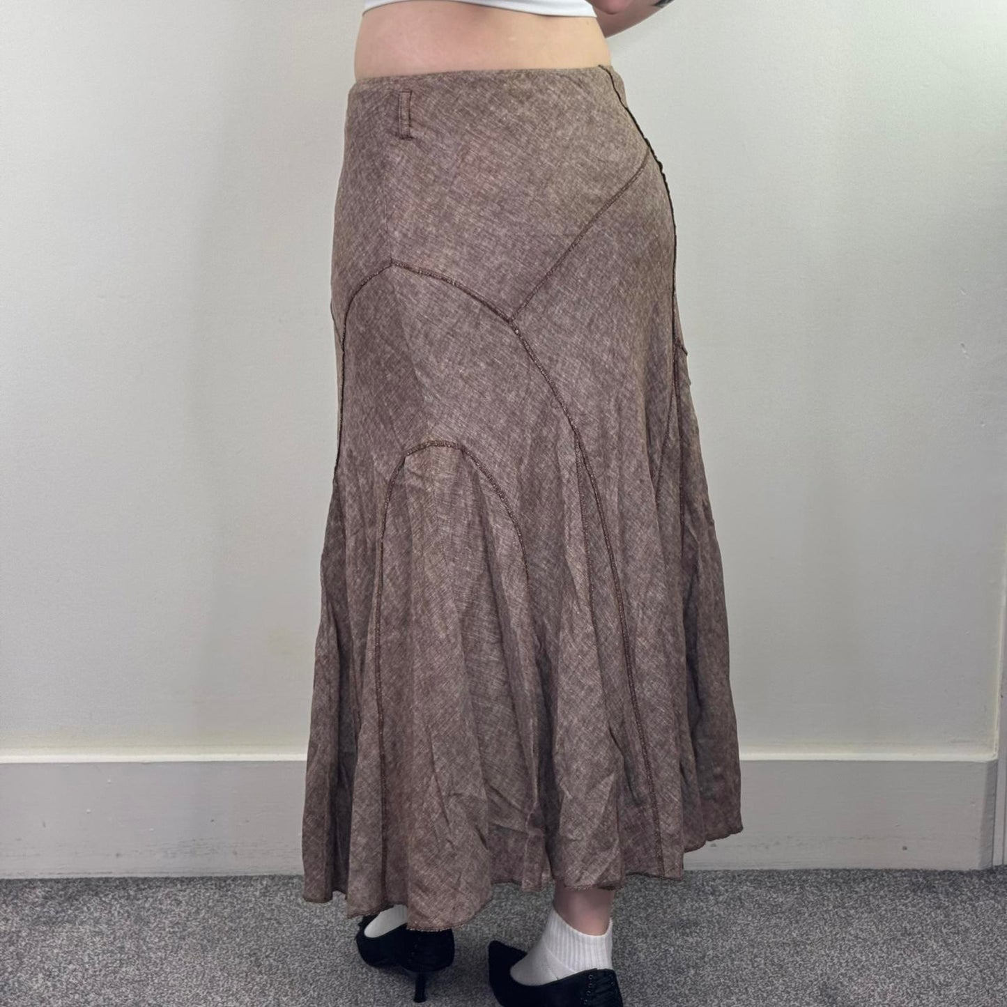 Y2K vintage linen blend maxi skirt a line light brown overlock stitch