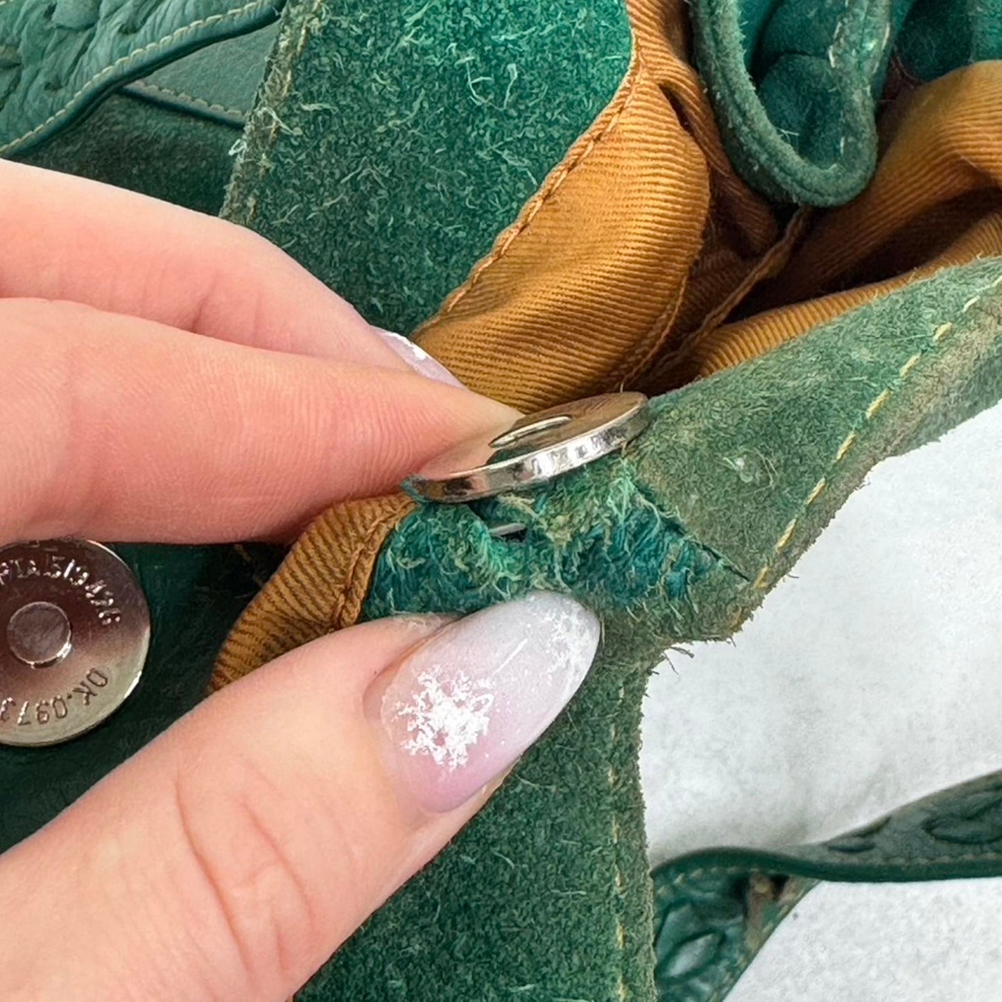 Y2K vintage genuine suede shoulder bag slouchy zipper green silver medium