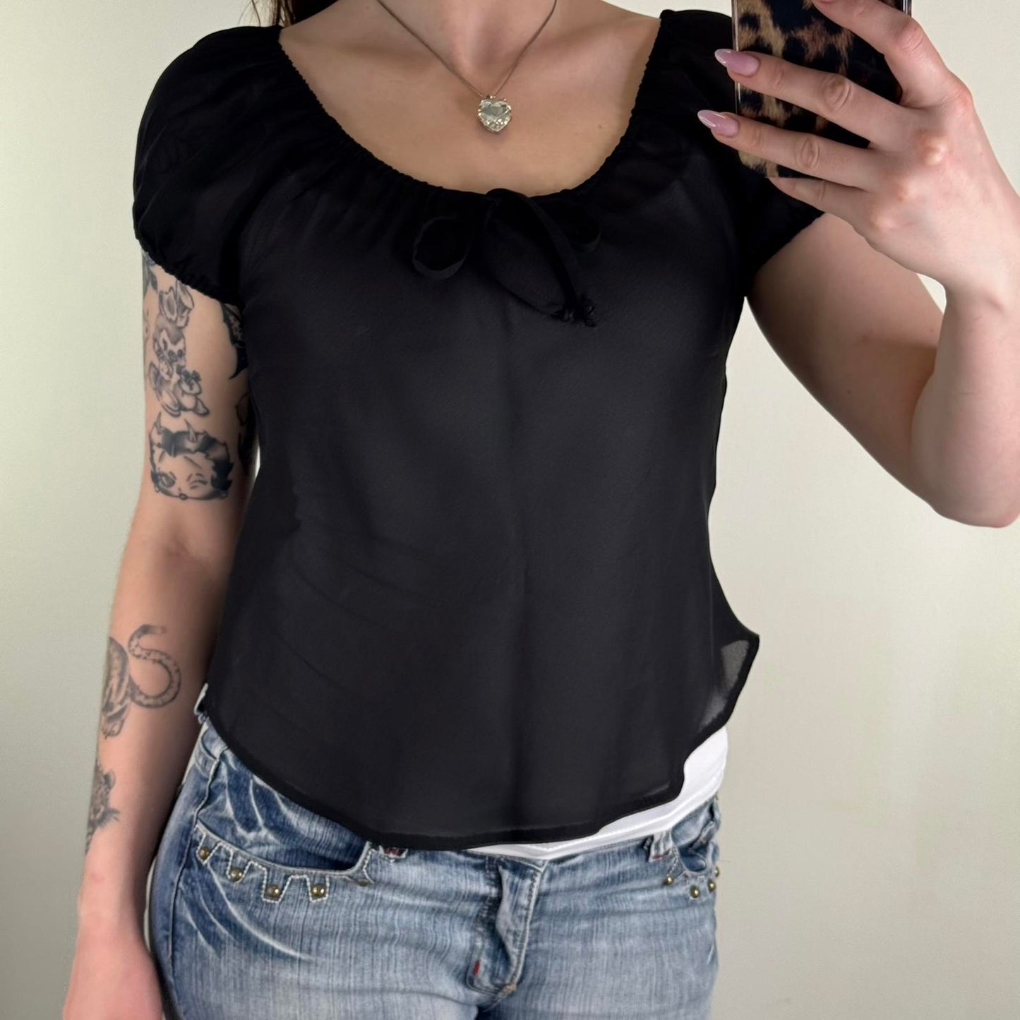 Y2K vintage sheer milkmaid blouse short bow cap sleeve scoop neck coquette