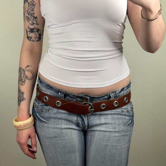 Y2K vintage genuine leather belt grommet brown