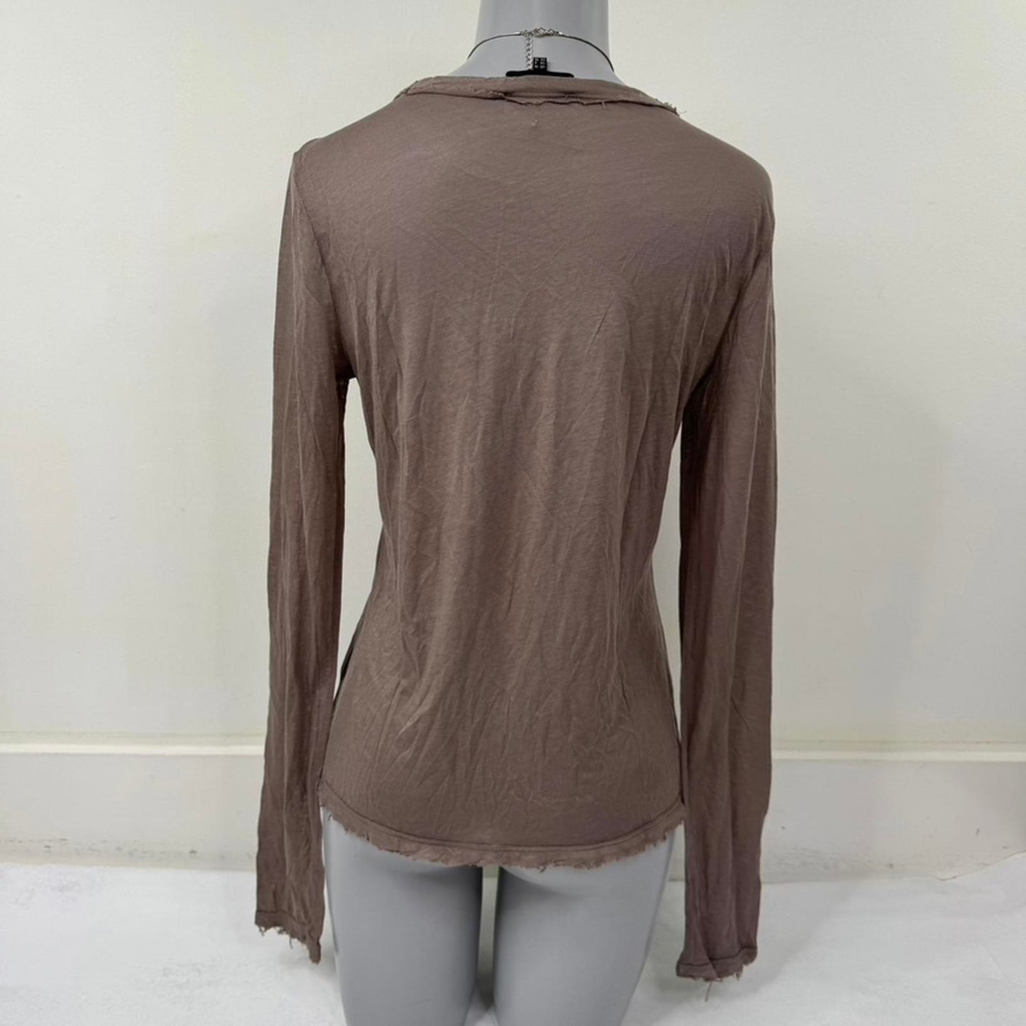 ME+EM sheer long sleeve top fraying hem light brown layering basic