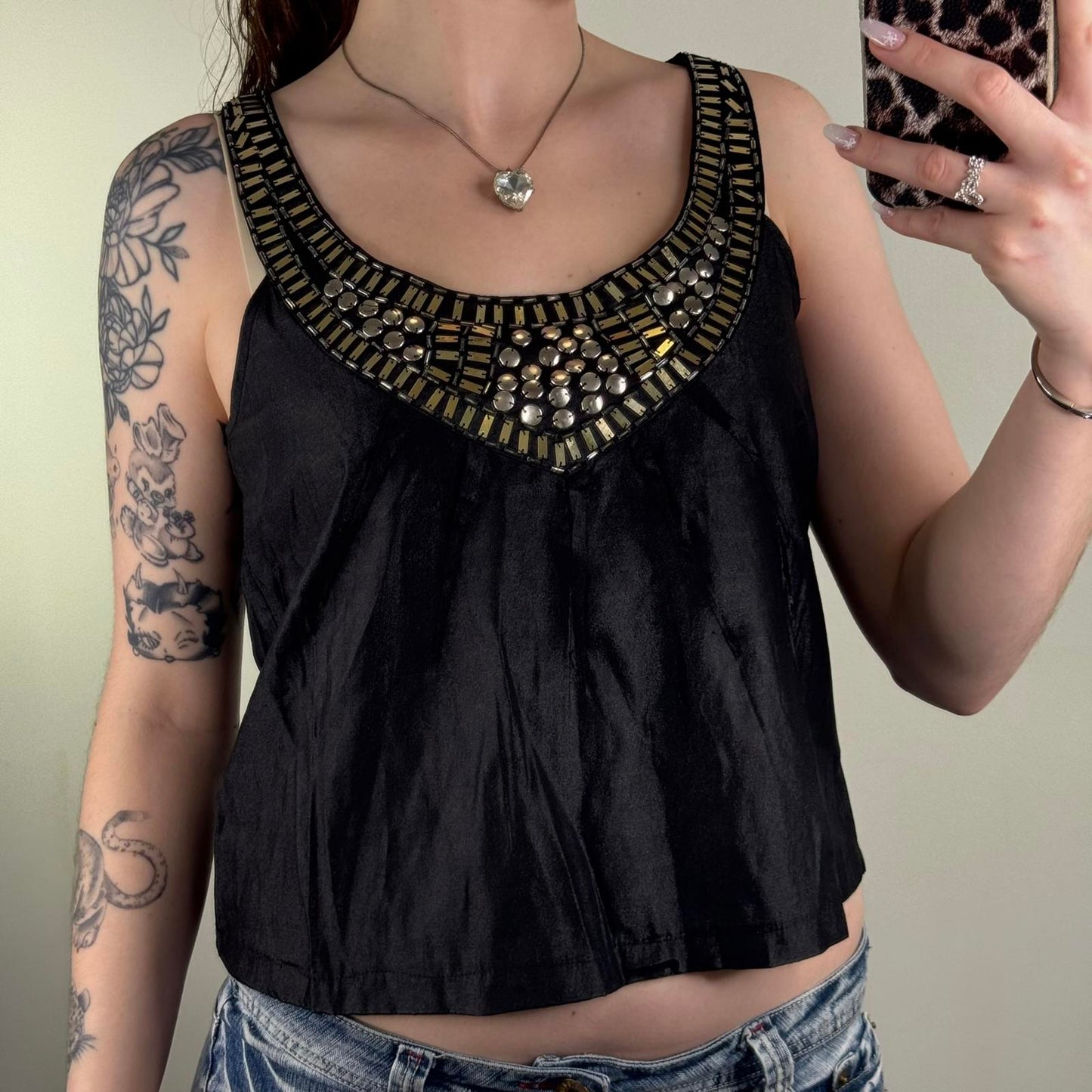 Y2K vintage embellished blouse tank sleeveless beaded round neck flowy boho