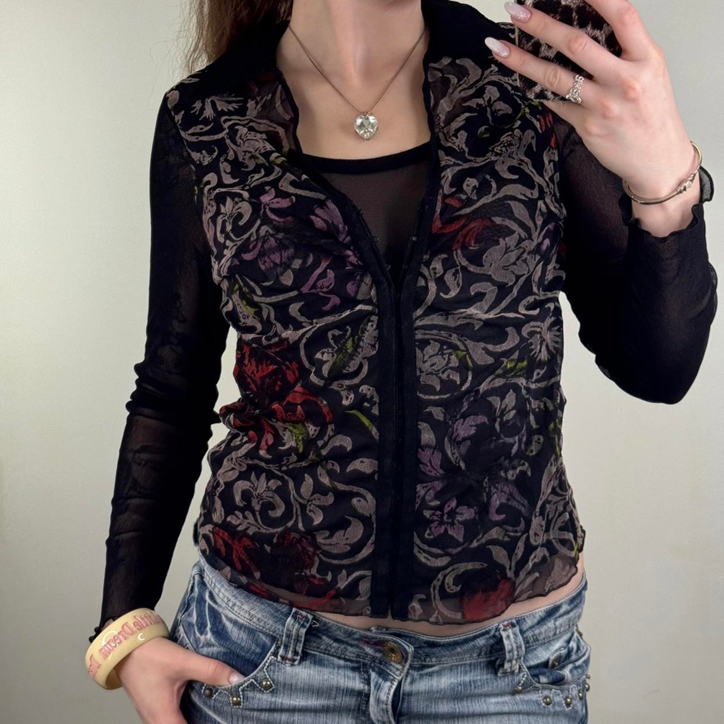 Y2K vintage Per Una mesh long sleeve top floral filigree velvet hook and eye