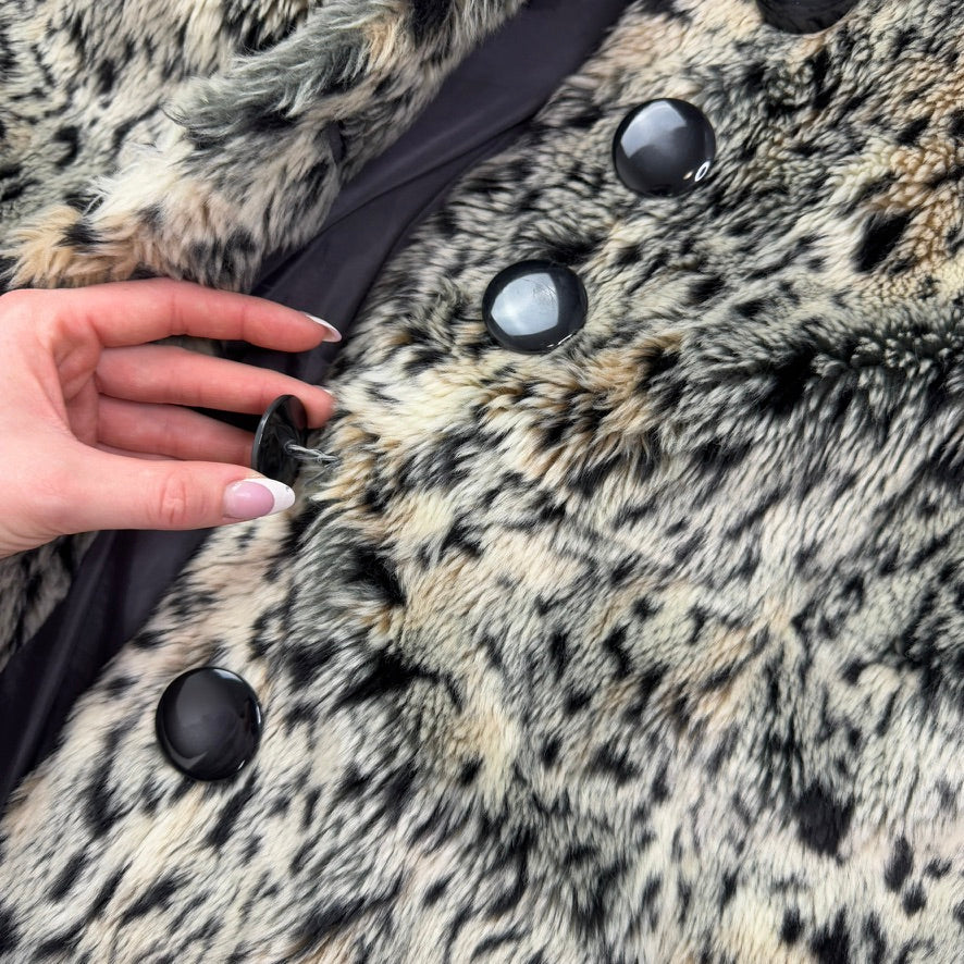 Y2K vintage faux fur coat leopard print button up hood oversized jacket