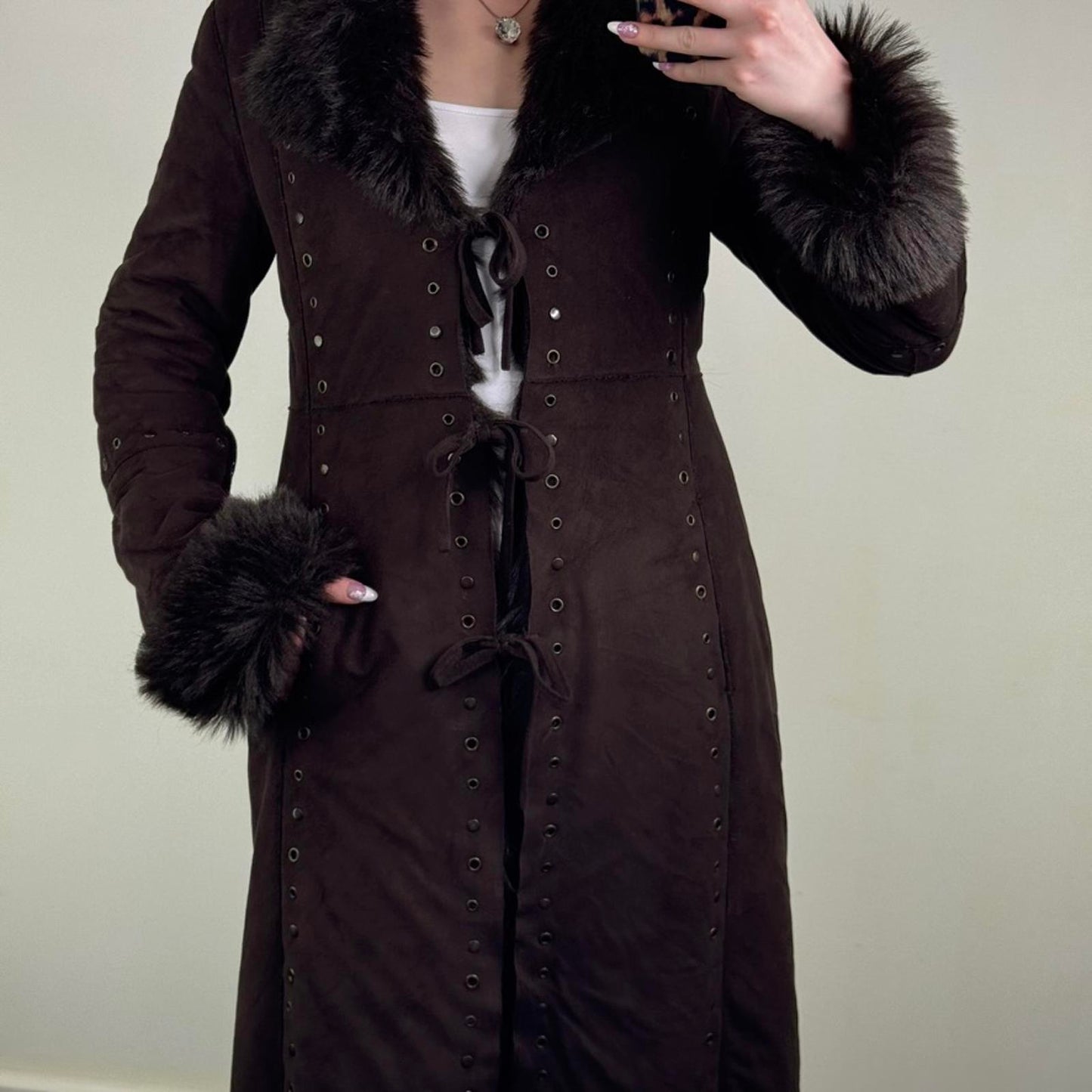 Y2K vintage faux fur coat long trench afghan full length studded grommet brown