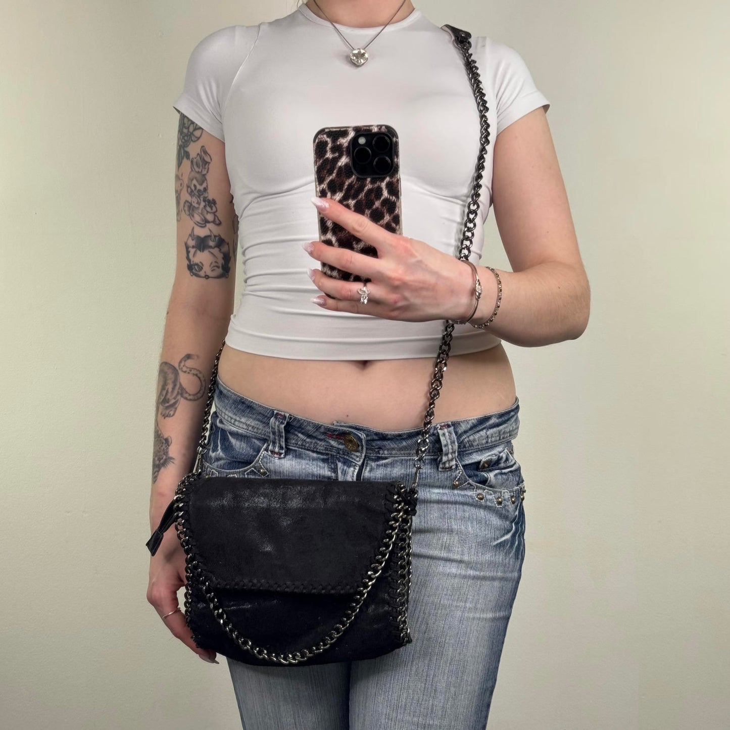 Y2K vintage chain crossbody bag faux suede black small size