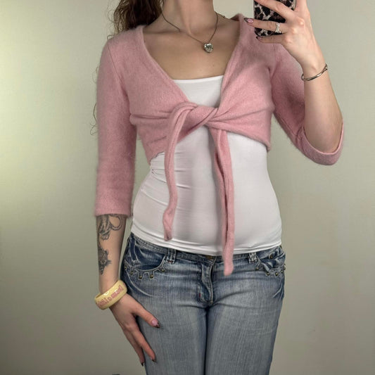 Y2K vintage knitted cropped cardigan 3/4 sleeve baby pink coquette